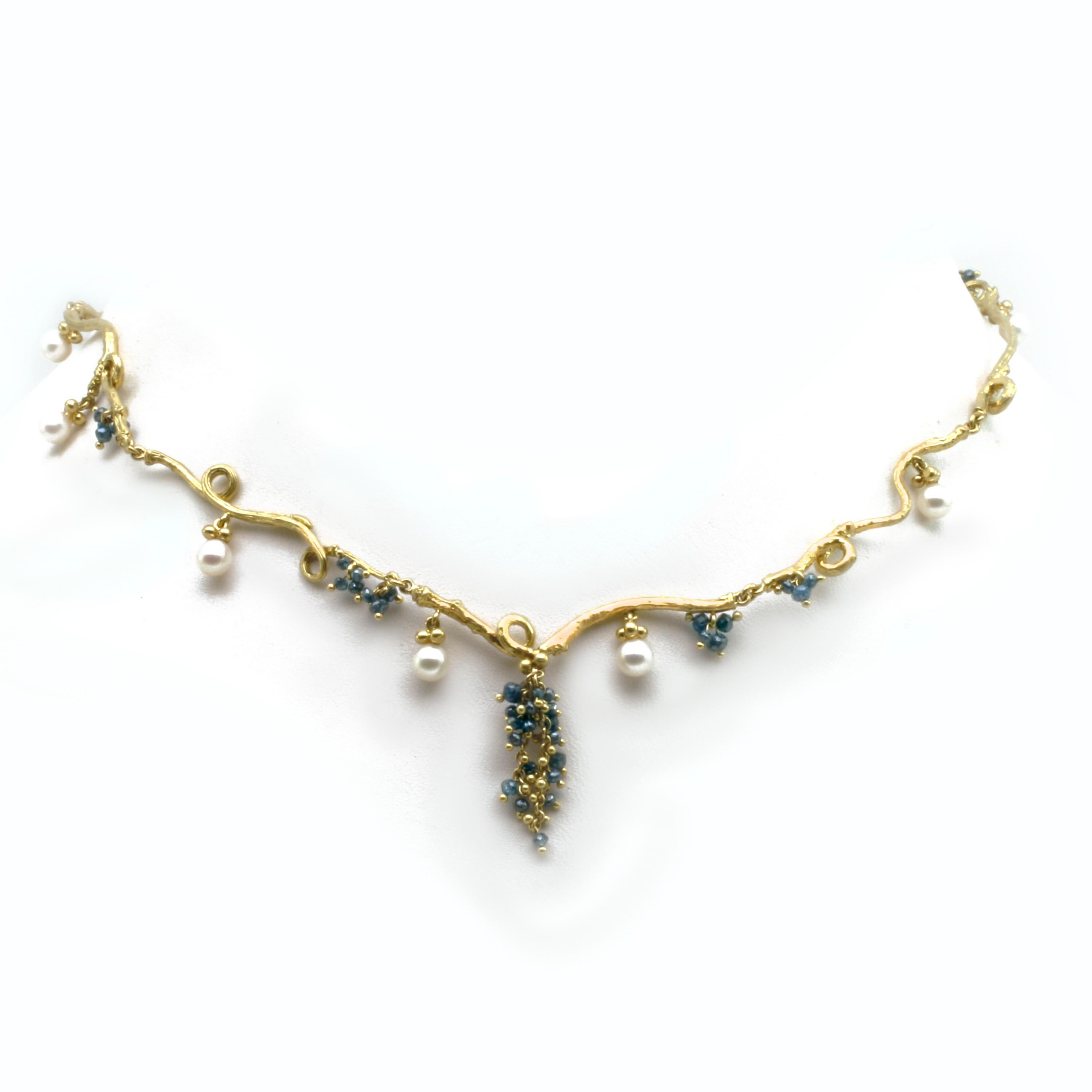 18k Gold Twig Necklace with Blue Diamond Beads and  Akoya Pearls. 16 inches. With Diana Kim England's roots on Nantucket, the organic twigs were found near the Bartlett Farm area. Twig tips from a Bartlett Farm cedar are the inspiration for the