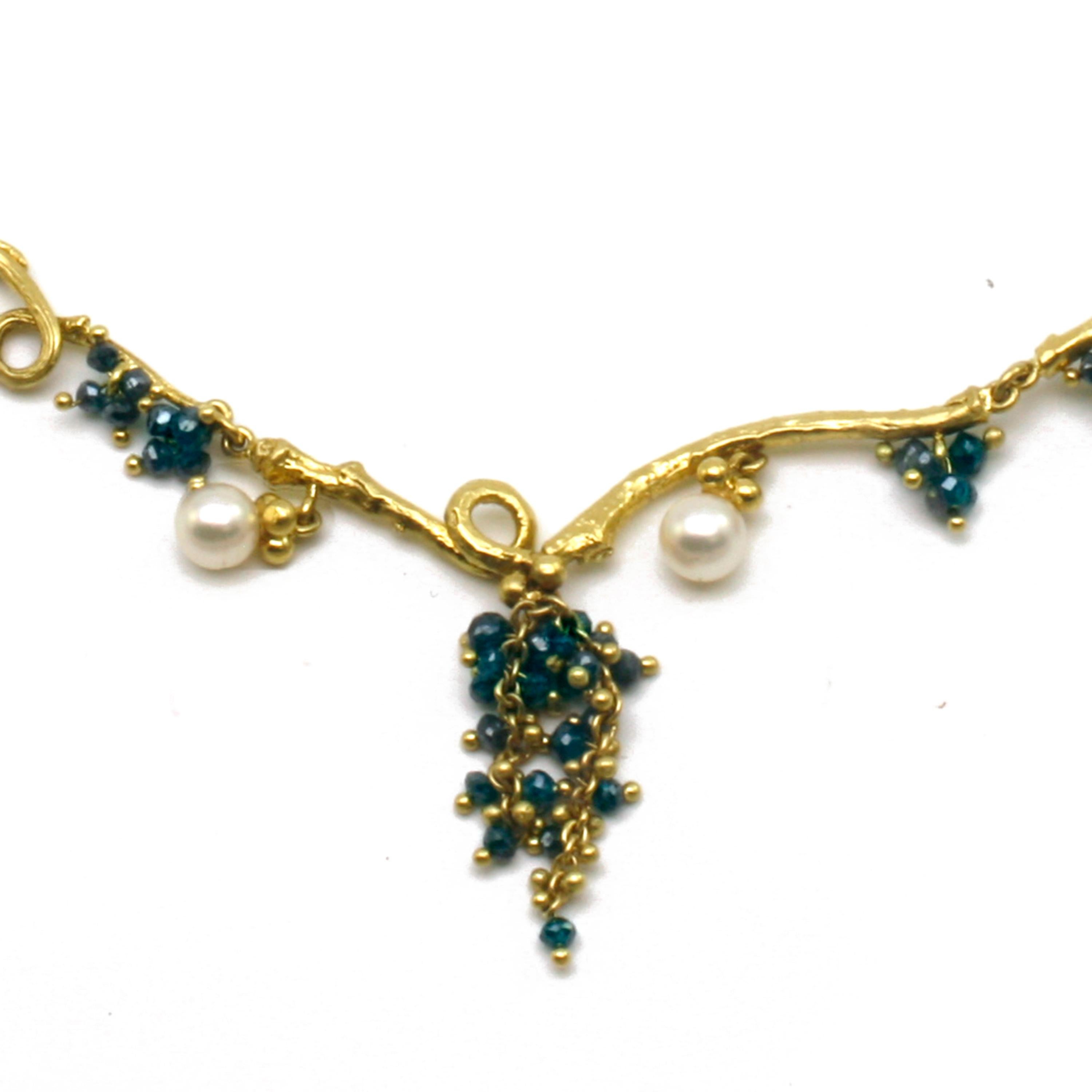 Diana Kim England 18 Karat Twig Necklace with Pearls and Blue Diamond Beads In New Condition For Sale In Red Hook, NY