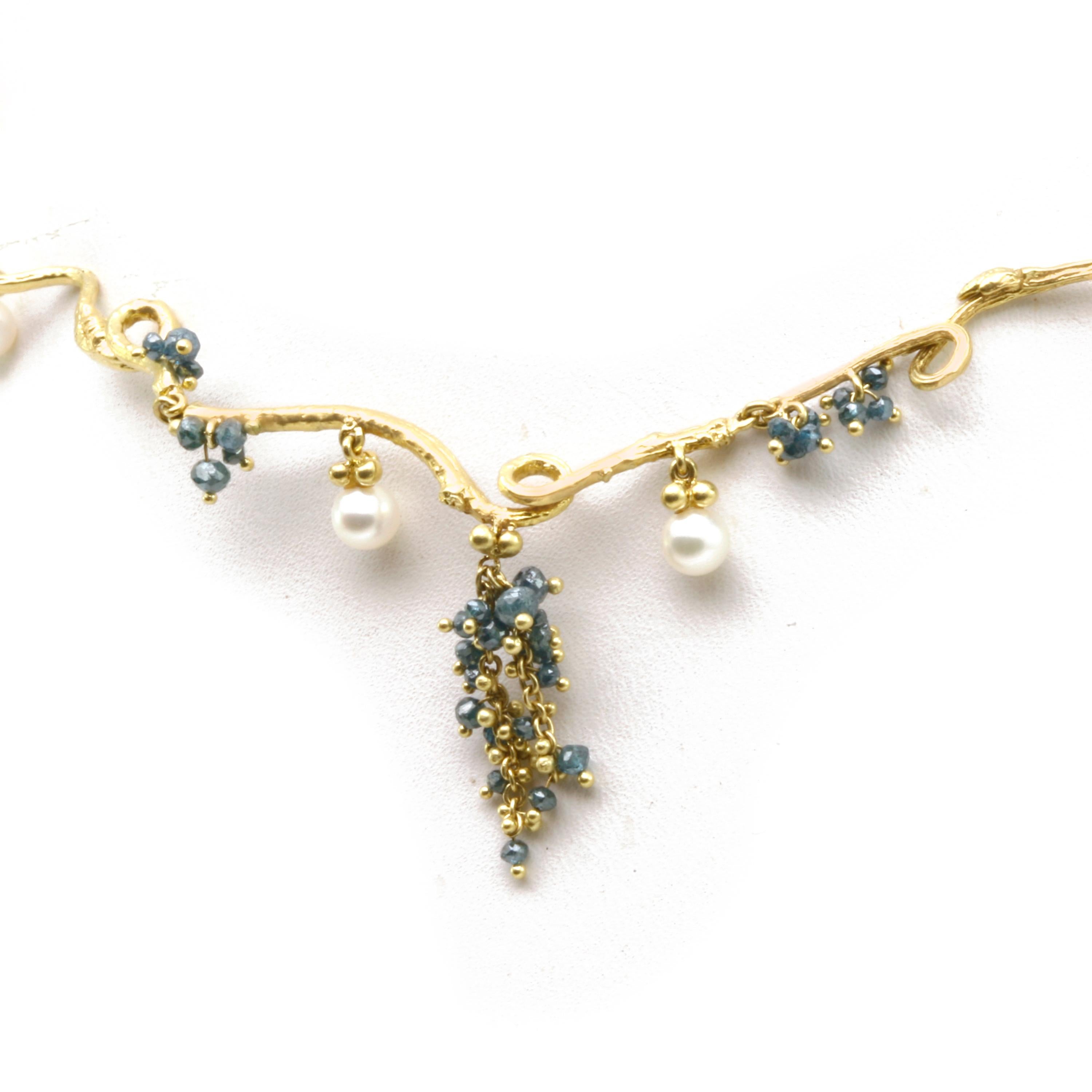 Artisan Diana Kim England 18 Karat Twig Necklace with Pearls and Blue Diamond Beads For Sale