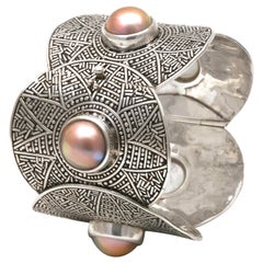 Diana Kim England Aztec Hinged Cuff Bracelet in Sterling with Mabe' Pearls