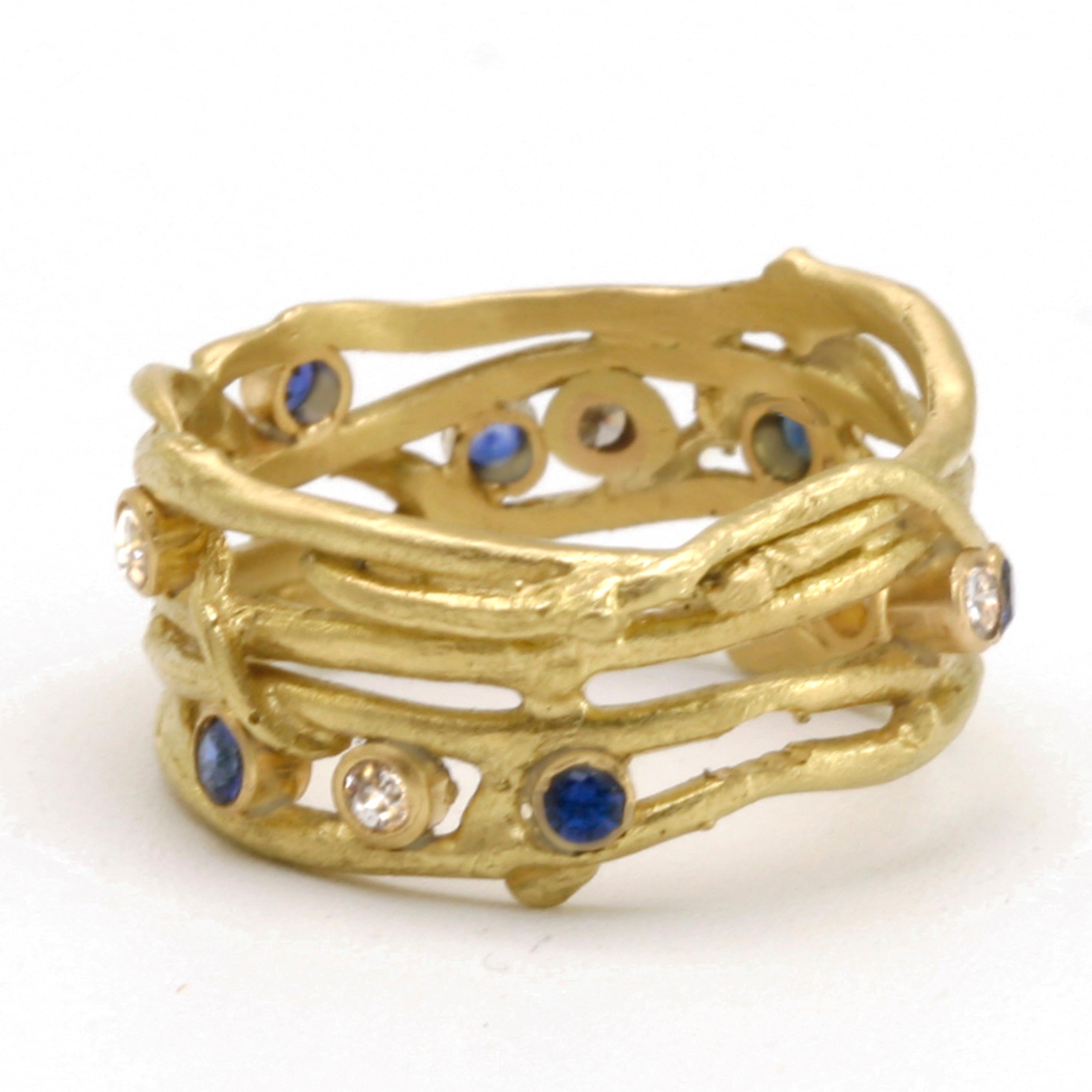 Artisan Diana Kim England Bartlett Farm Twig Ring, 18K Sapphire, Diamonds One of a Kind For Sale