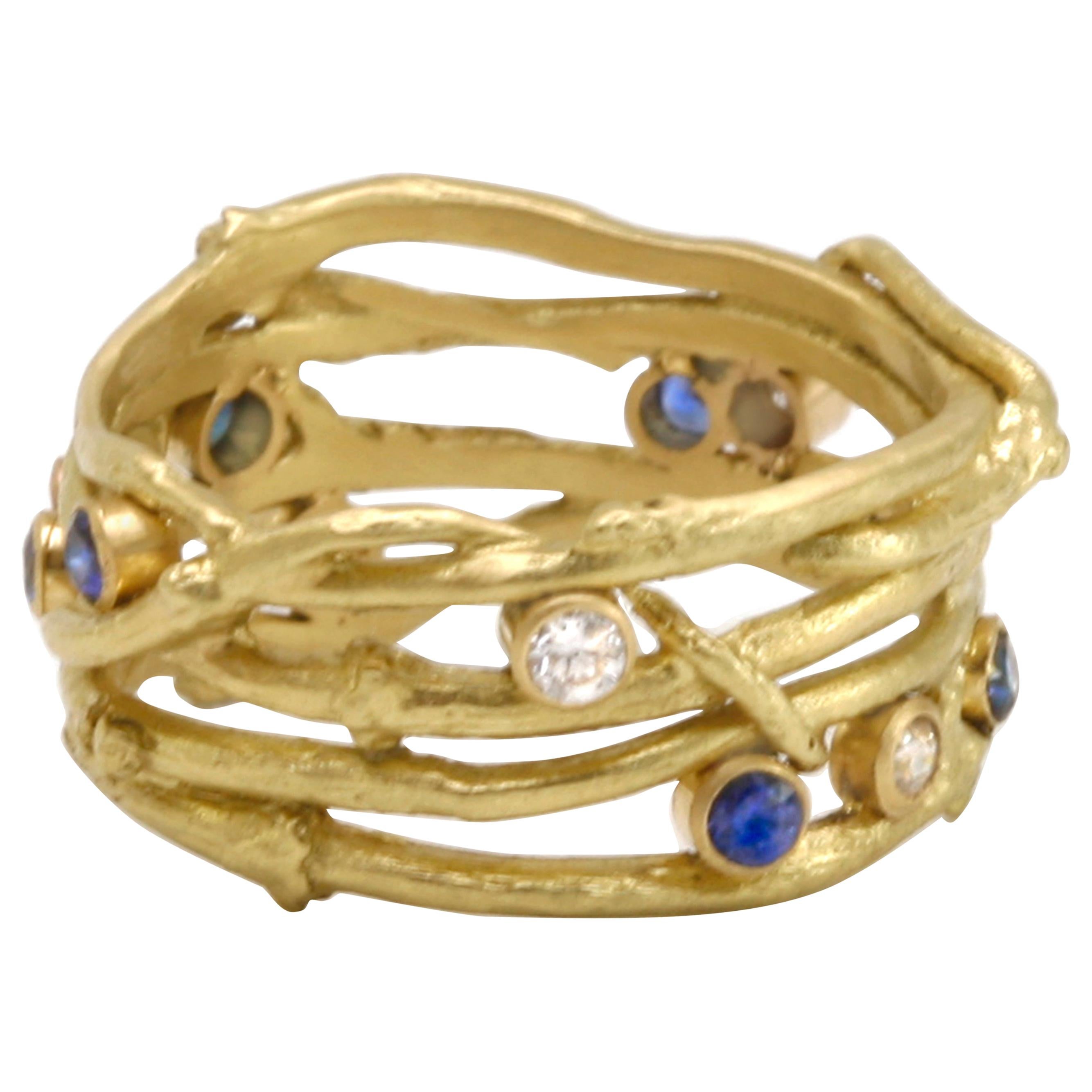 Diana Kim England Bartlett Farm Twig Ring, 18K Sapphire, Diamonds One of a Kind For Sale