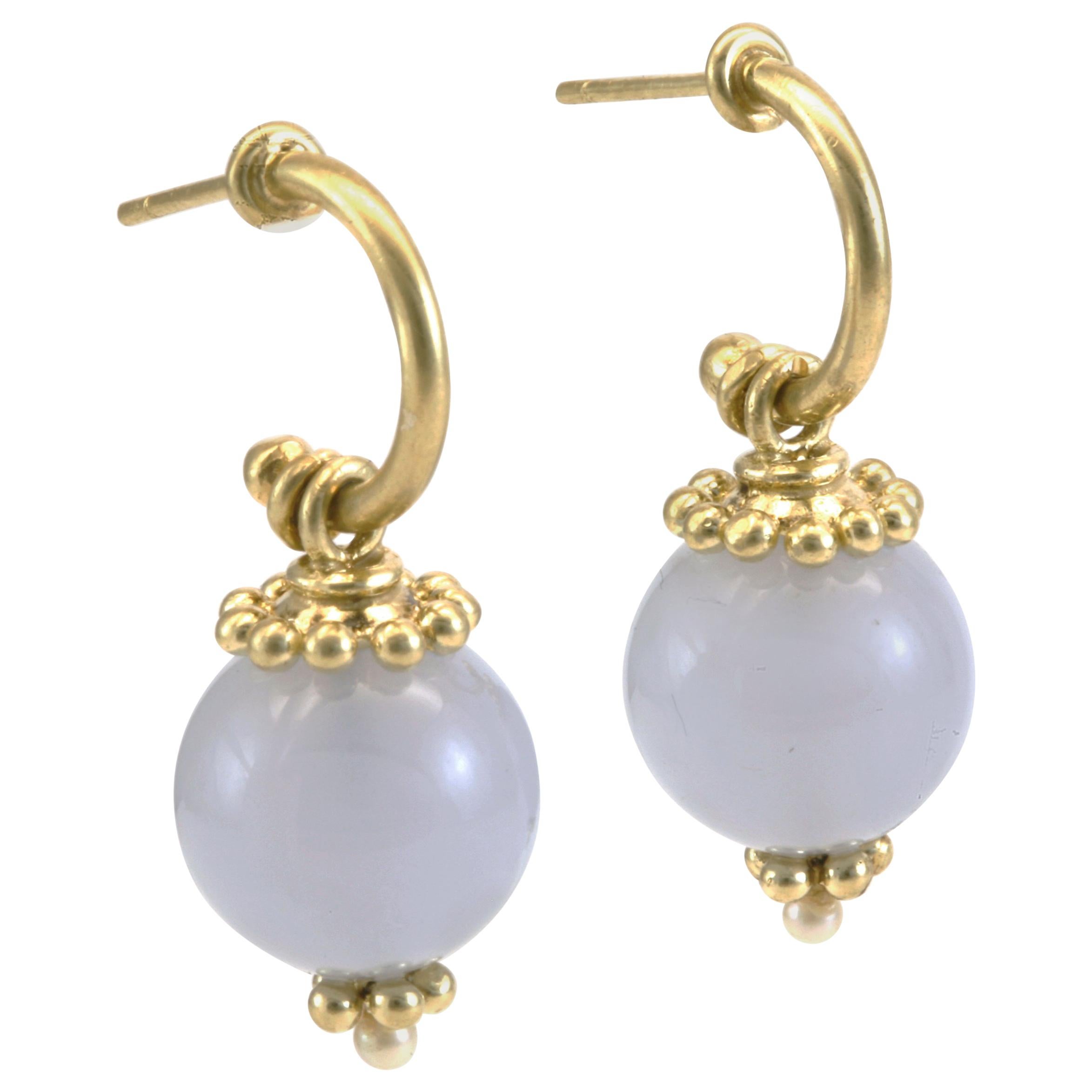 Diana Kim England Blue Chalcedony Drop Hoop Earrings in 18 Karat Gold For Sale