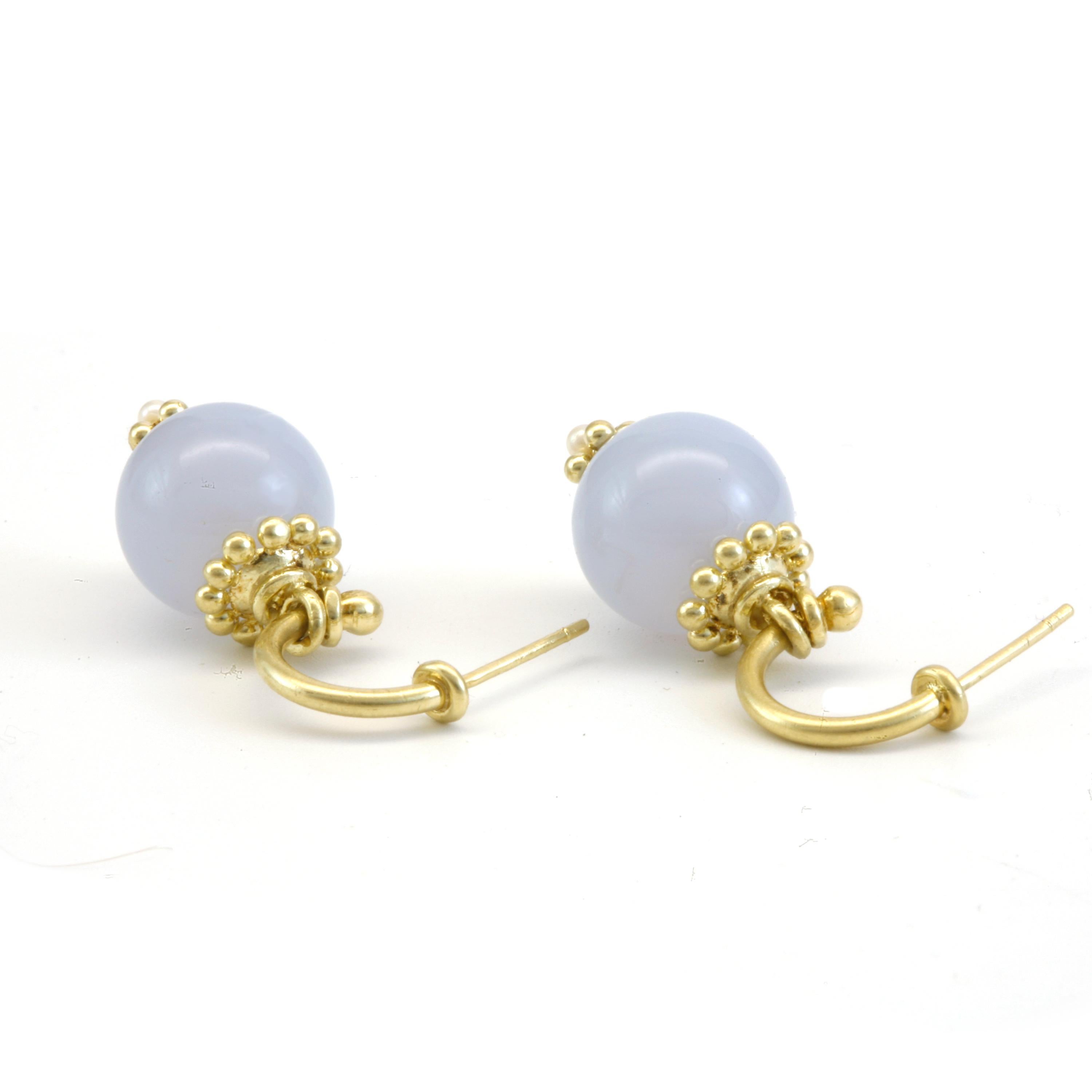 Artisan Diana Kim England Blue Chalcedony Drop Hoop Earrings in 18 Karat Gold For Sale