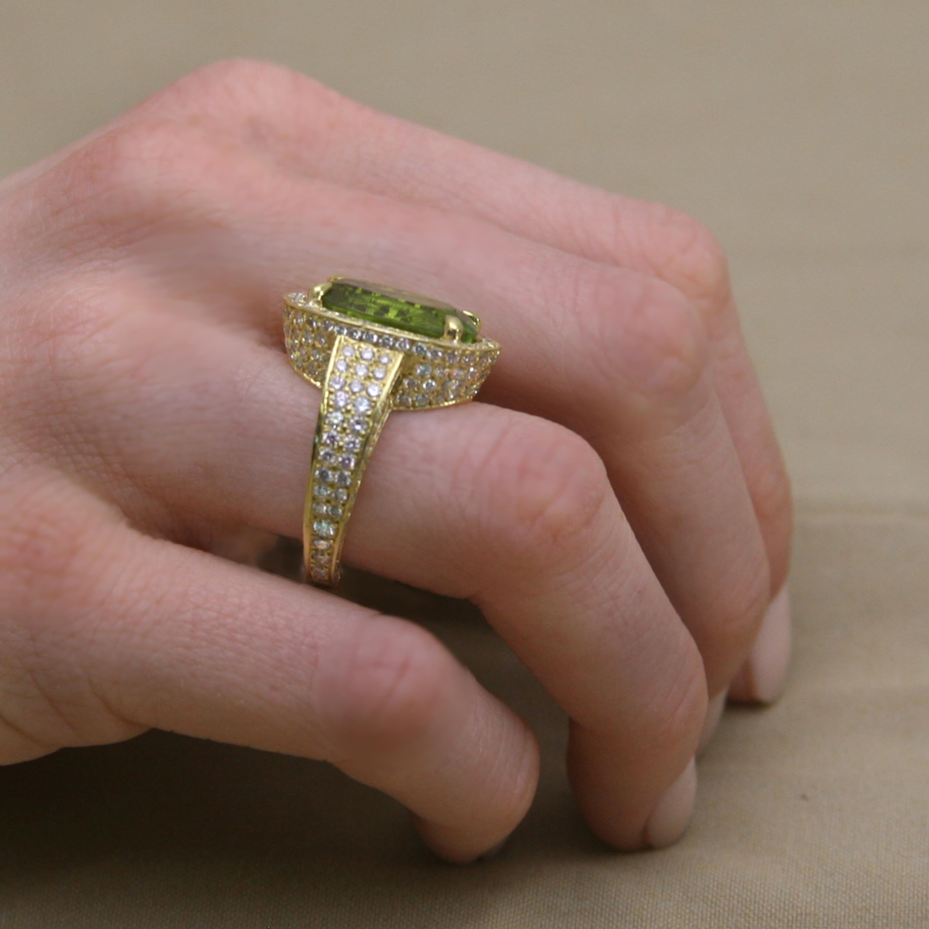 Diana Kim England Burmese Peridot Ring with Micro Pave Diamonds Set in 18k Gold For Sale 4