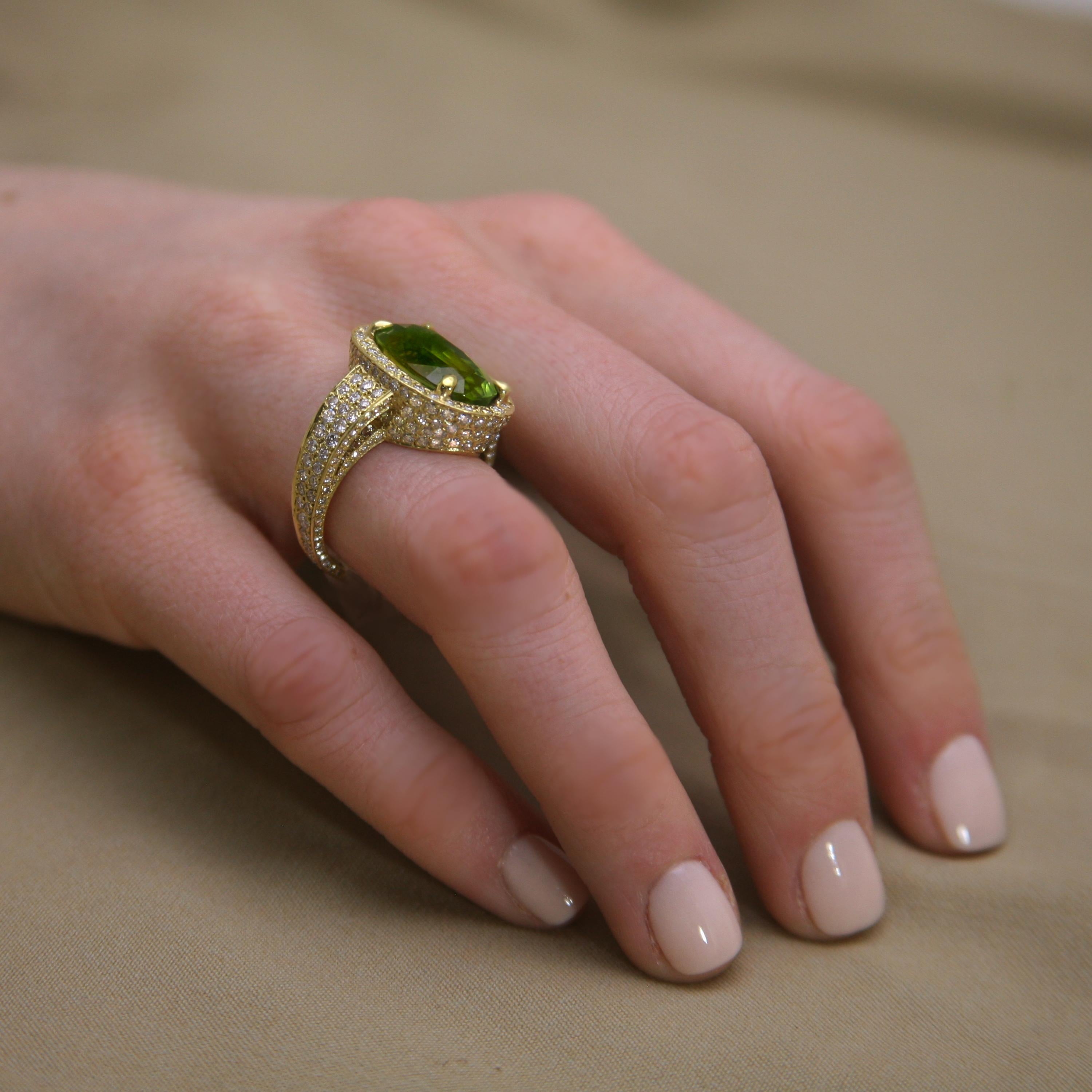 Diana Kim England Burmese Peridot Ring with Micro Pave Diamonds Set in 18k Gold For Sale 5