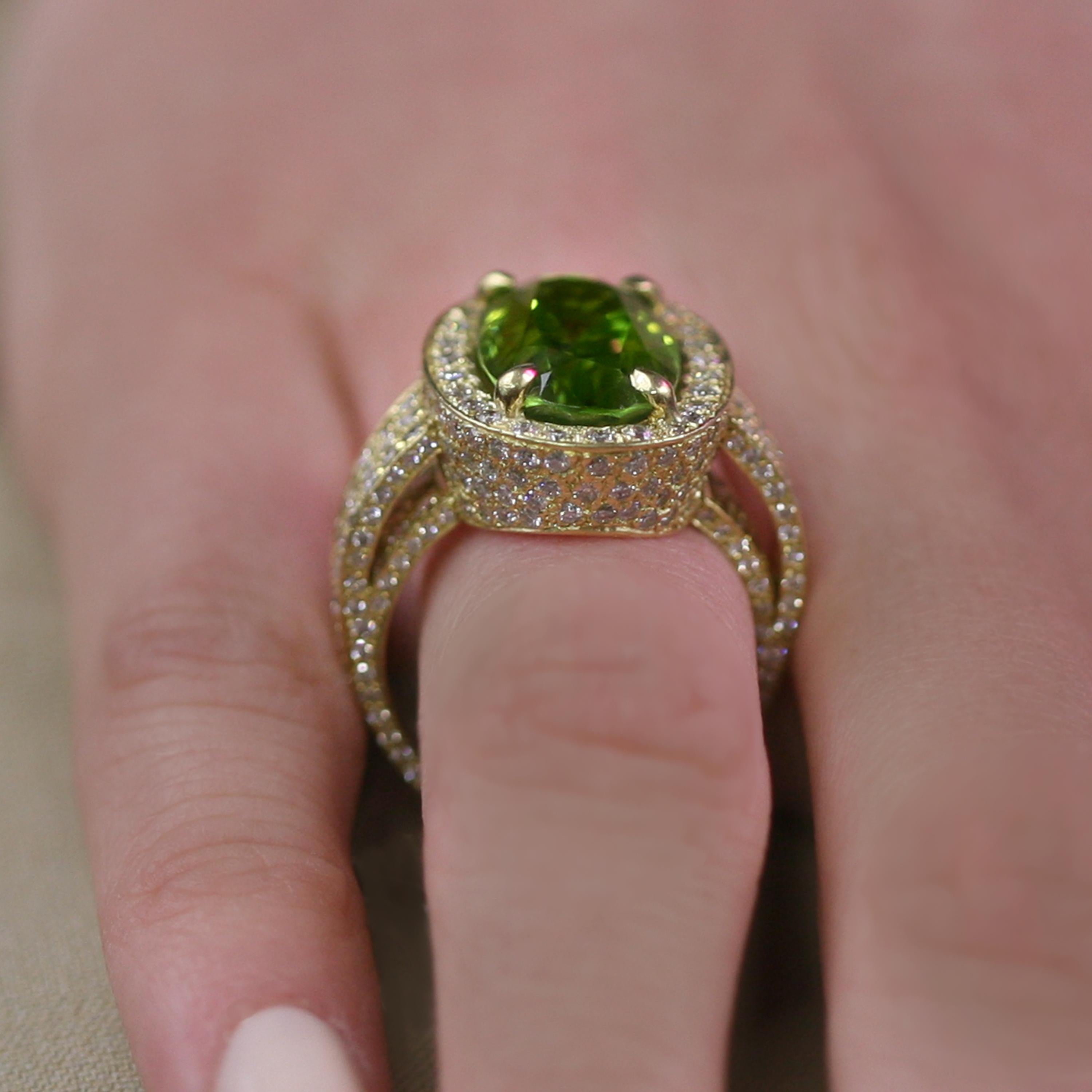 Diana Kim England Burmese Peridot Ring with Micro Pave Diamonds Set in 18k Gold For Sale 2