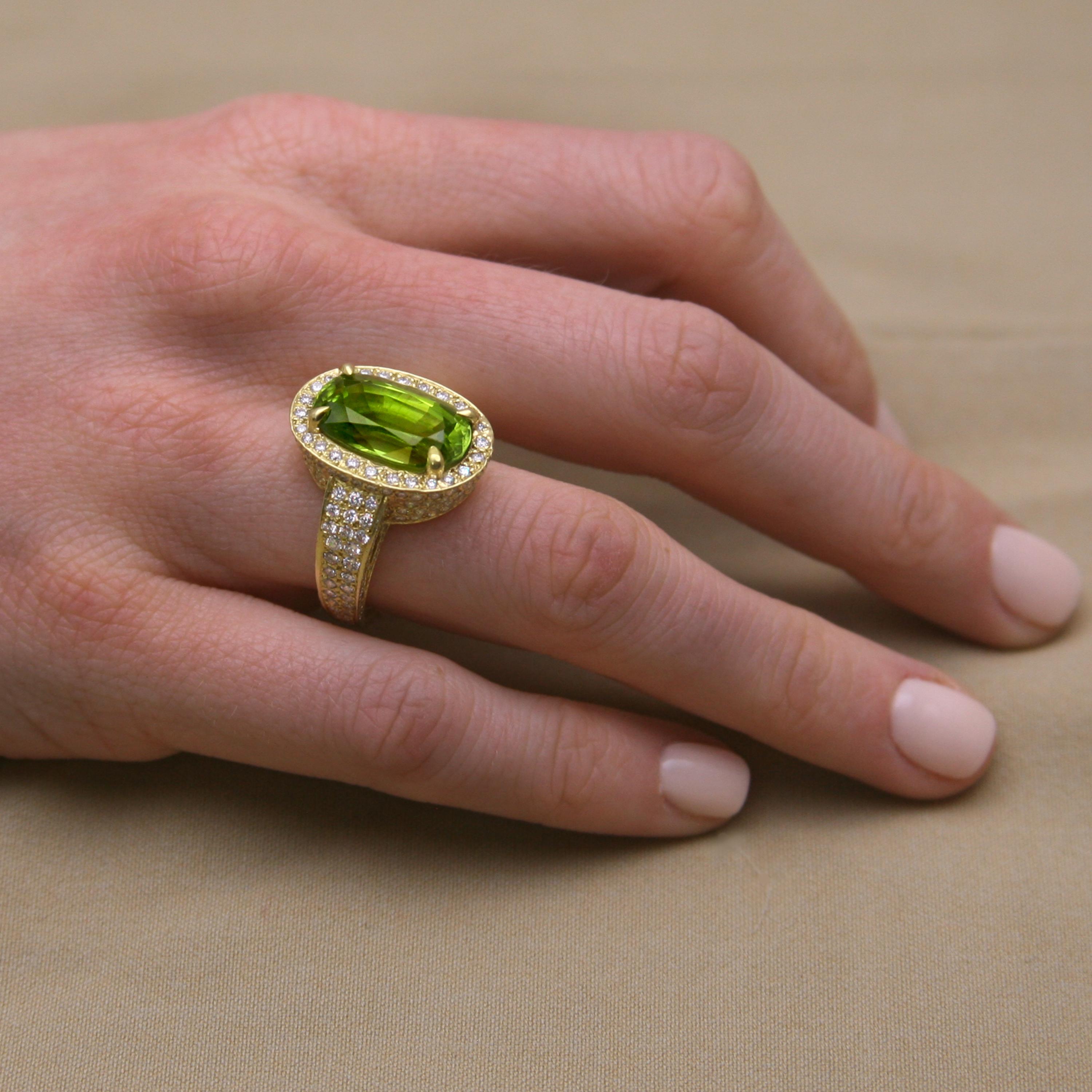 Diana Kim England Burmese Peridot Ring with Micro Pave Diamonds Set in 18k Gold For Sale 3