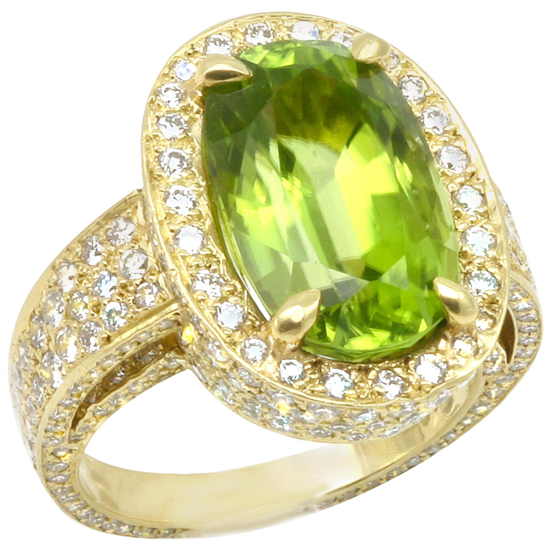 Diana Kim England Burmese Peridot Ring with Micro Pave Diamonds Set in 18k Gold For Sale