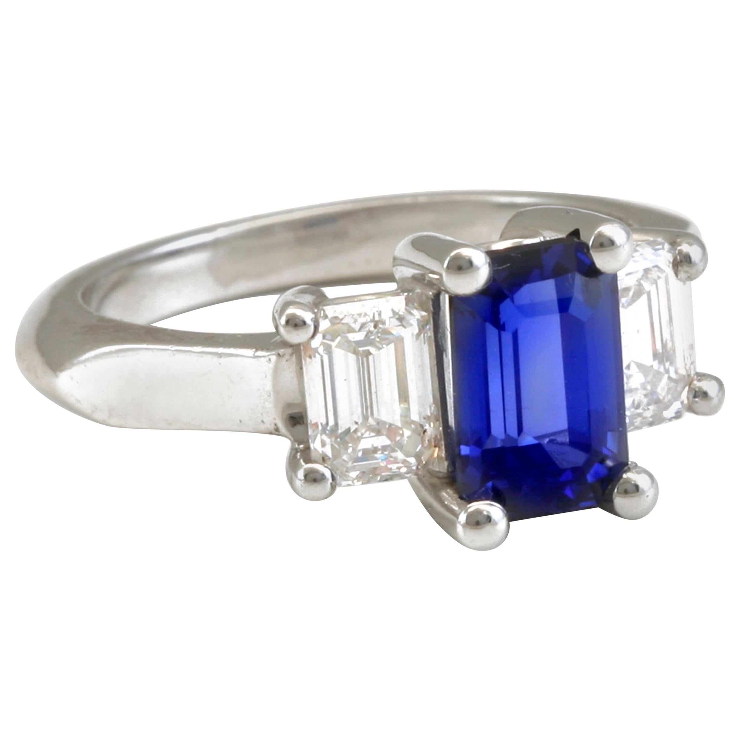 Diana Kim England Emerald Cut Ceylon Blue Sapphire and Diamond Ring in Platinum For Sale