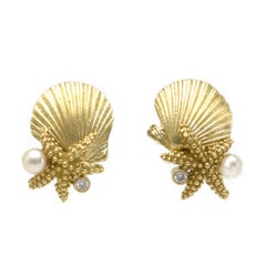 Diana Kim England Gold Scallop Shell, Sea Star, Akoya Pearl and Diamond Earrings