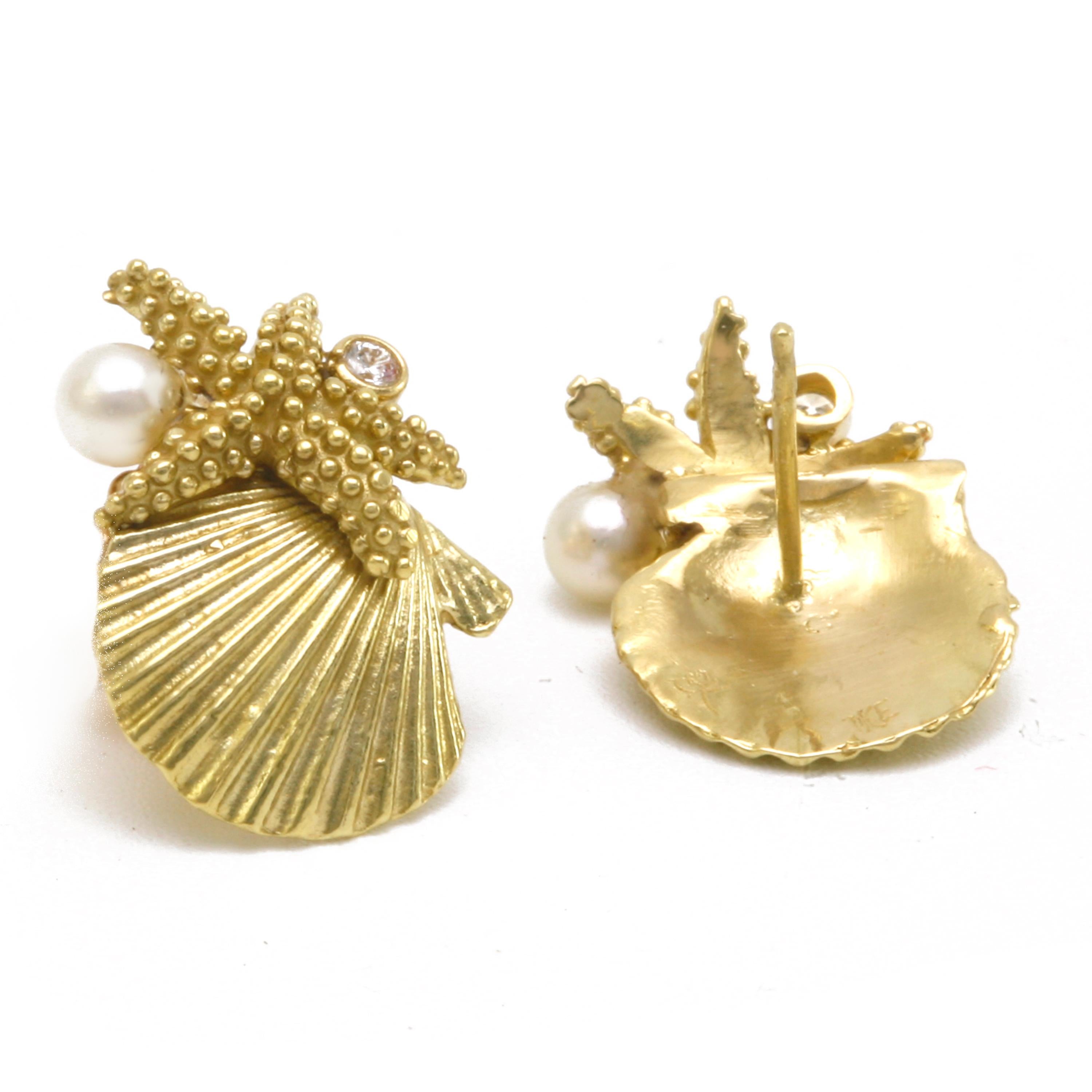 Contemporary Diana Kim England Gold Scallop Shell, Sea Star, Akoya Pearl and Diamond Earrings For Sale