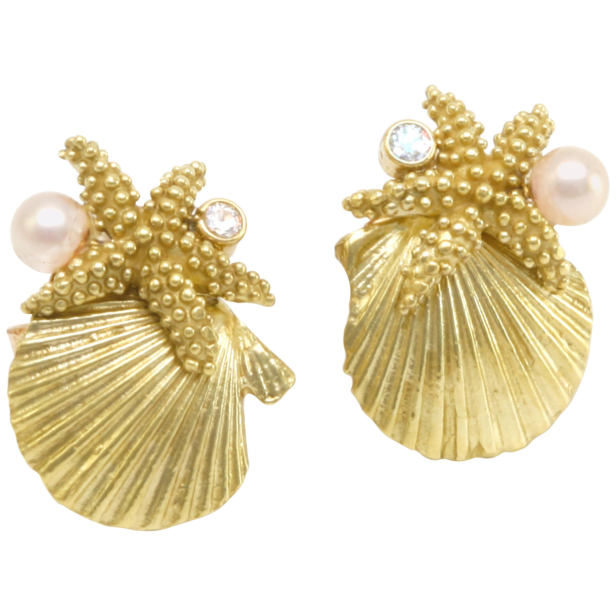 Diana Kim England Gold Scallop Shell, Sea Star, Akoya Pearl and Diamond Earrings For Sale