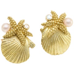 Diana Kim England Gold Scallop Shell, Sea Star, Akoya Pearl and Diamond Earrings