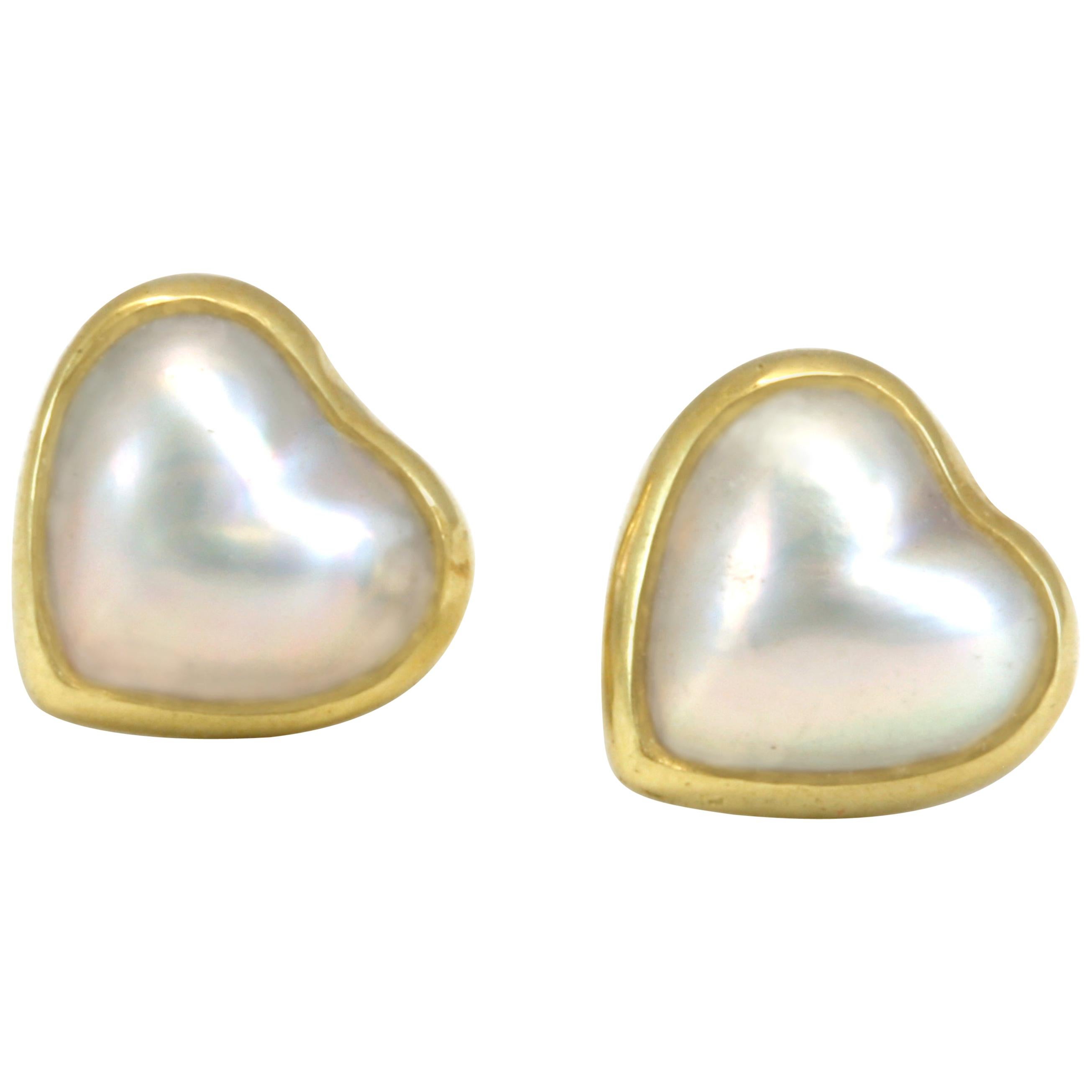 Diana Kim England Heart Shaped Mabe' Pearl Earrings in 18 Karat Gold For Sale
