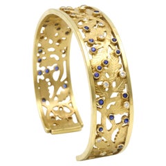 Diana Kim England Heavy 18K, Sapphire, and Diamond Cuff Bracelet, Hand Engraved