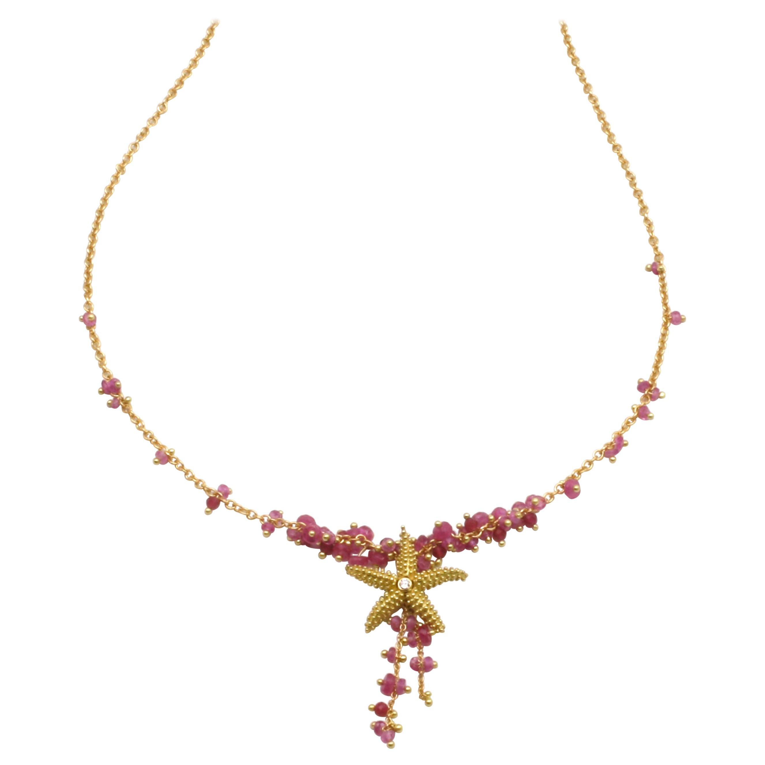 Diana Kim England Seastar Necklace with Pink Sapphire Faceted Beads in 18k Gold For Sale