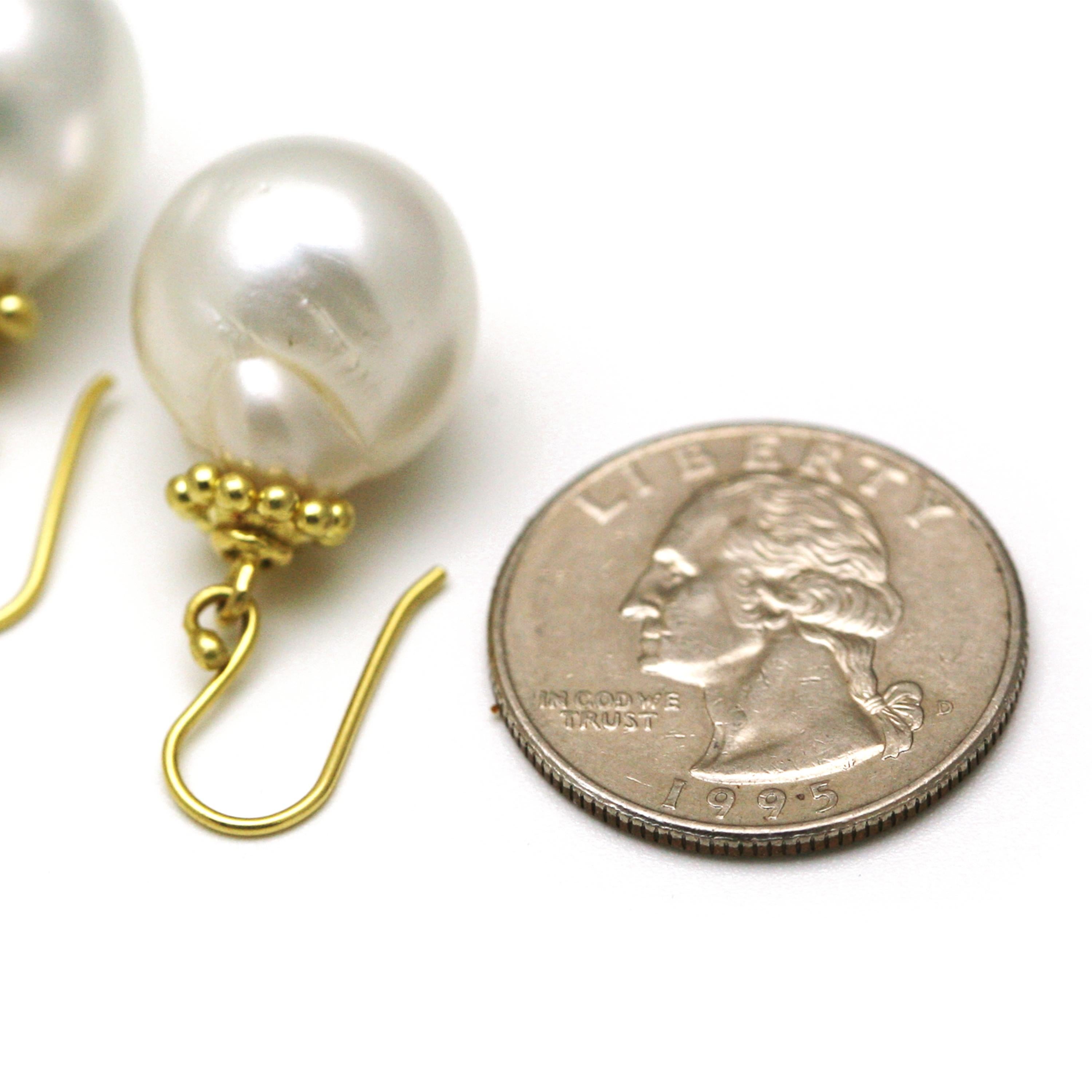 Diana Kim England White Baroque South Sea Pearl Earrings with Fancy 18K Gold Cap In New Condition For Sale In Red Hook, NY