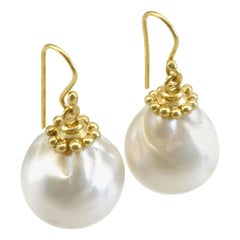 Diana Kim England White Baroque South Sea Pearl Earrings with Fancy 18K Gold Cap