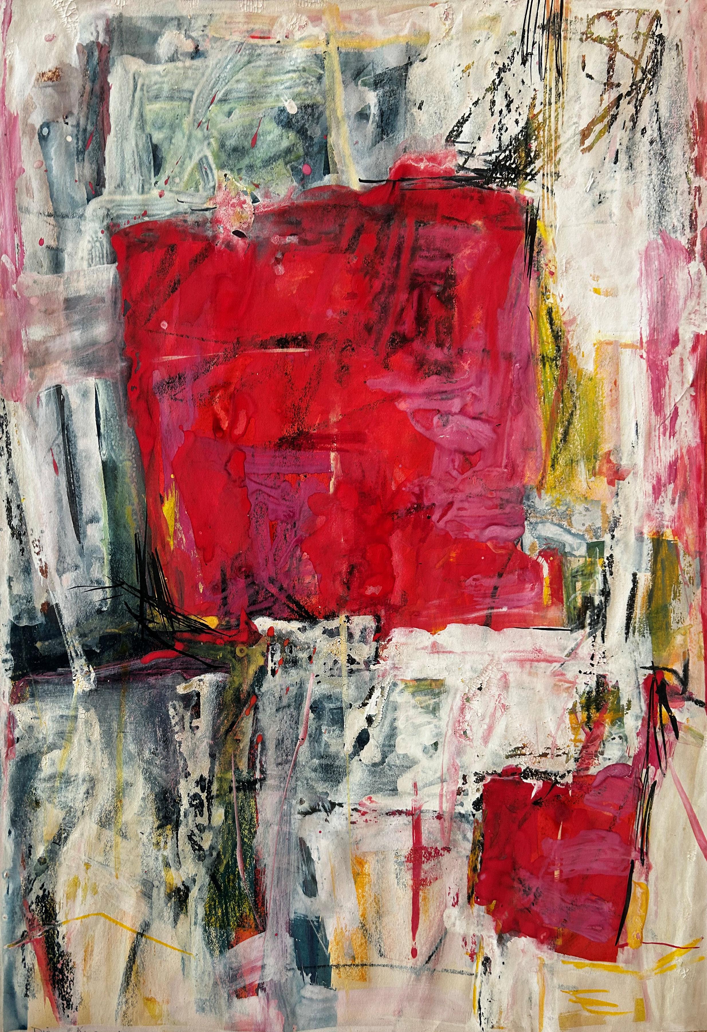 "Two Reds #4" Diana Kurz, Red and White Abstract Expressionist Mixed Media Work