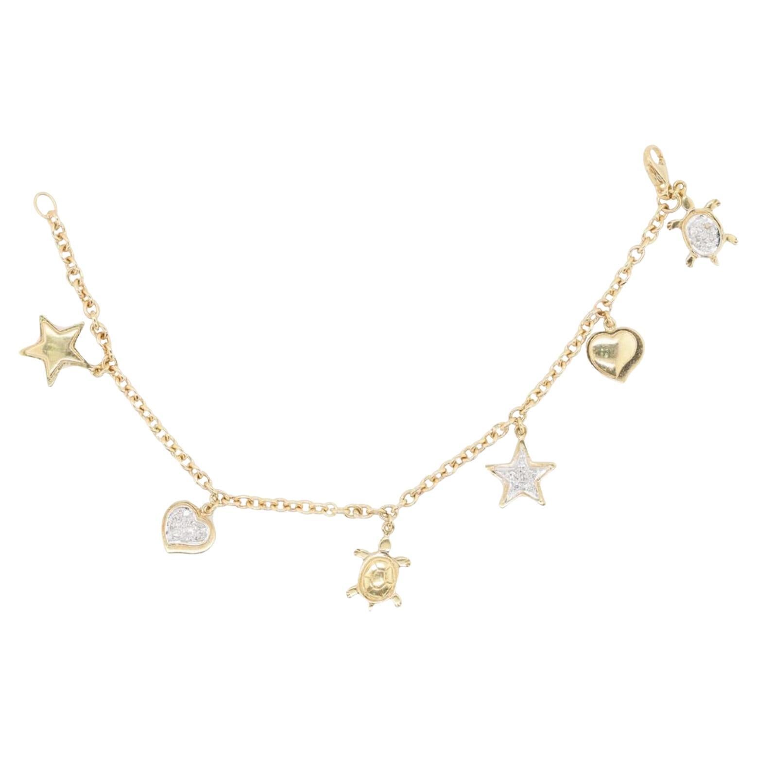 Diana M 0.35cts Diamond Star, Turtle, & Heart Charm Bracelet  For Sale