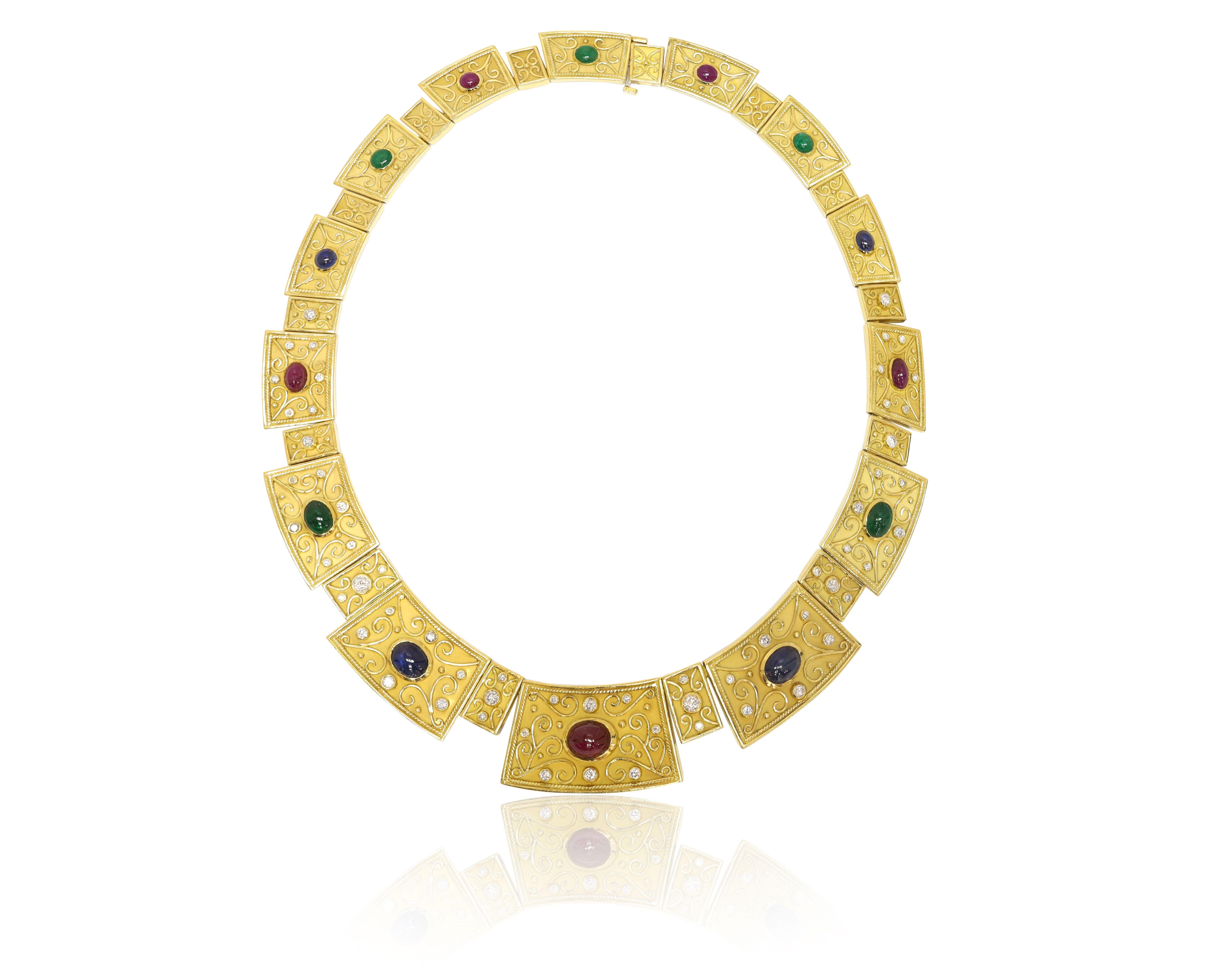 Oval Cut Diana M. 10.00 Carat Multicolor Egypt Style Yellow Gold Necklace For Sale