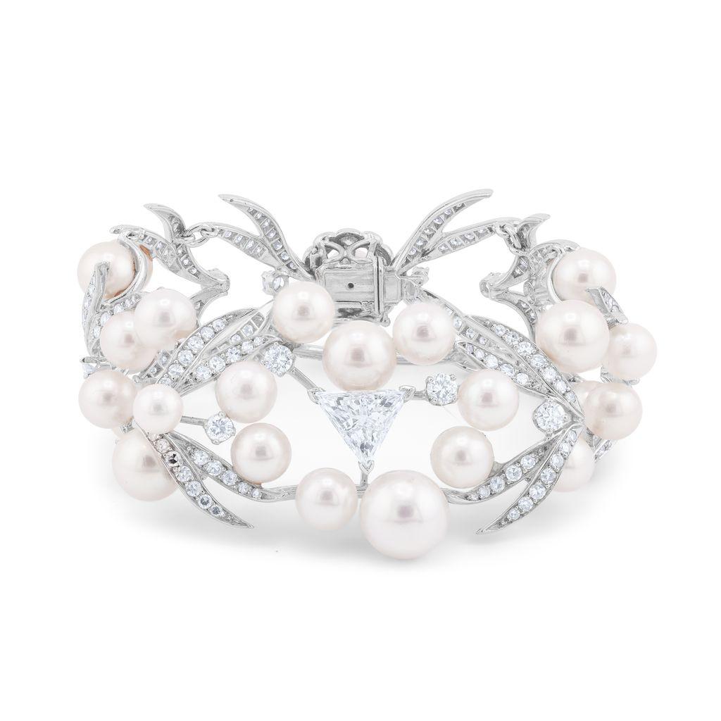 Trillion Cut Diana M 11.00 Ct Diamond and Pearl Art Deco Bracelet For Sale