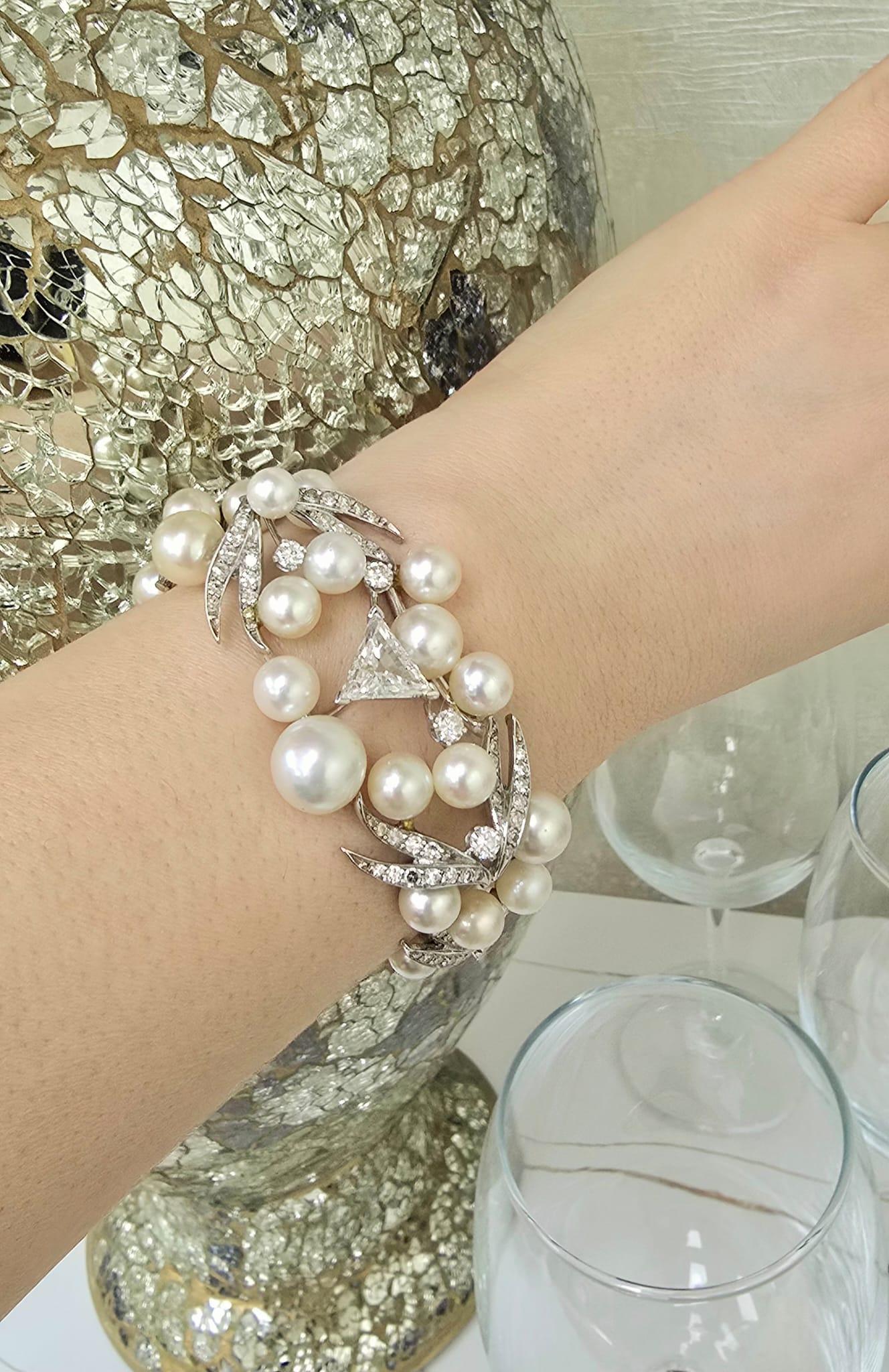 Women's or Men's Diana M 11.00 Ct Diamond and Pearl Art Deco Bracelet For Sale