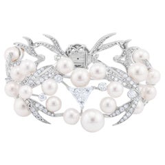 Vintage Diana M 11.00 Ct Diamond and Pearl Art Deco Bracelet