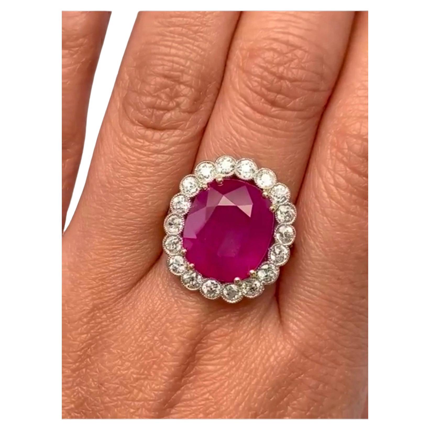DIANA M.  11.40ct Carat Burma Ruby Certified by GRS Sounded by 1cts of diamonds  For Sale