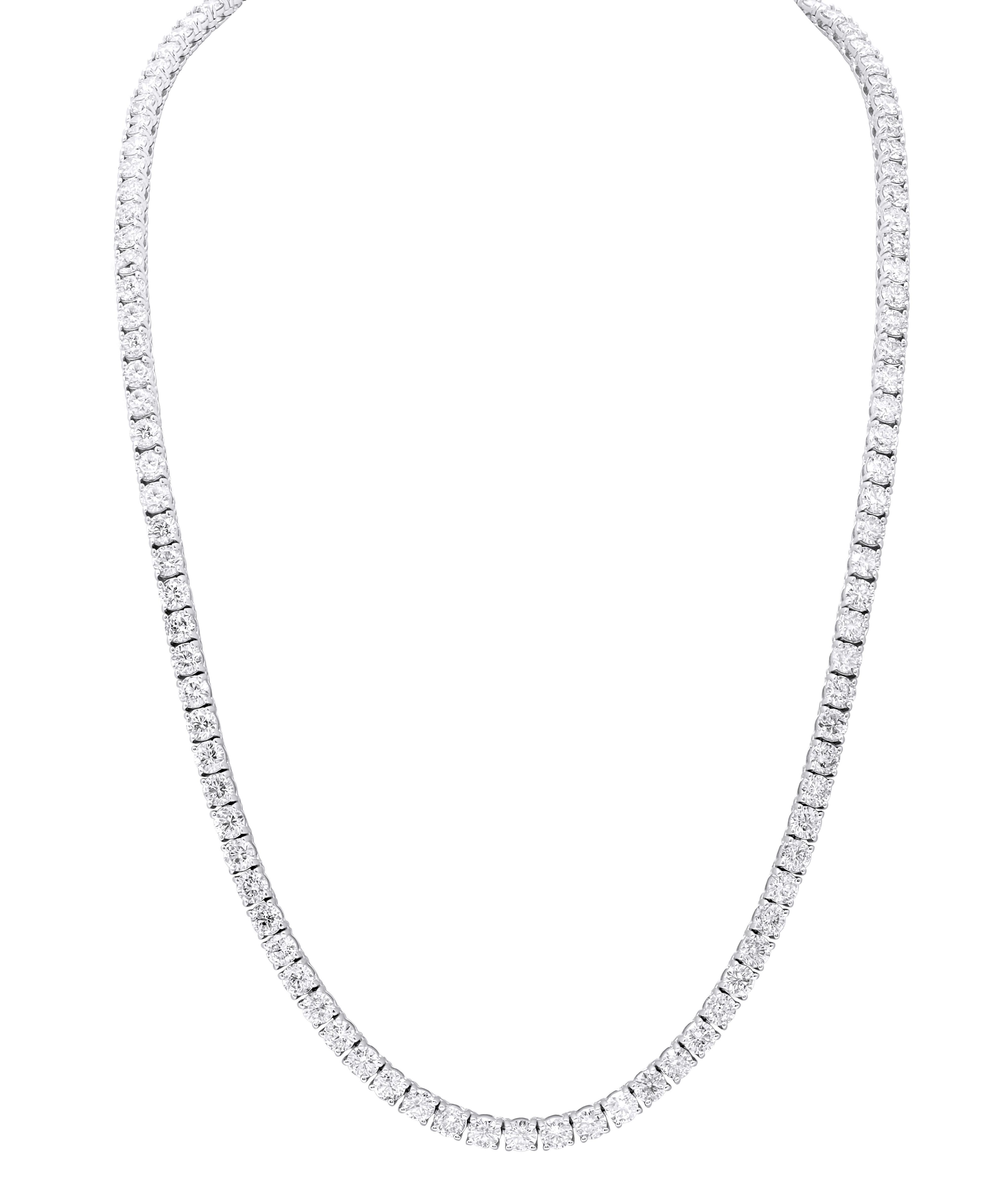 Round Cut Diana M. 11.45 Cts Round Diamond 4 Prong Tennis Necklace 14k White Gold  For Sale