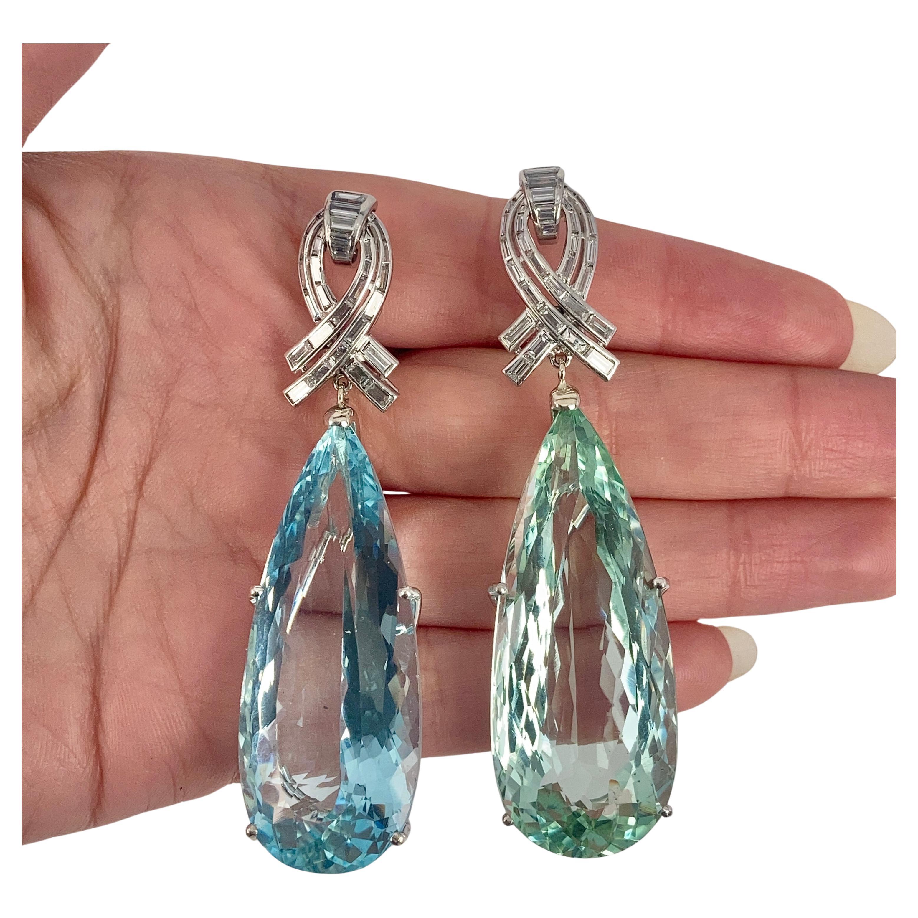 Diana M. 122.8cts Pearshape Aquamarine & Diamond Earrings, Natural No Heat Plat  For Sale