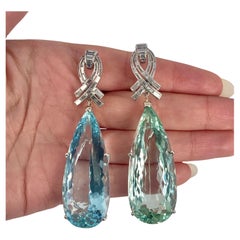 Diana M. 122.8cts Pearshape Aquamarine & Diamond Earrings, Natural No Heat Plat 