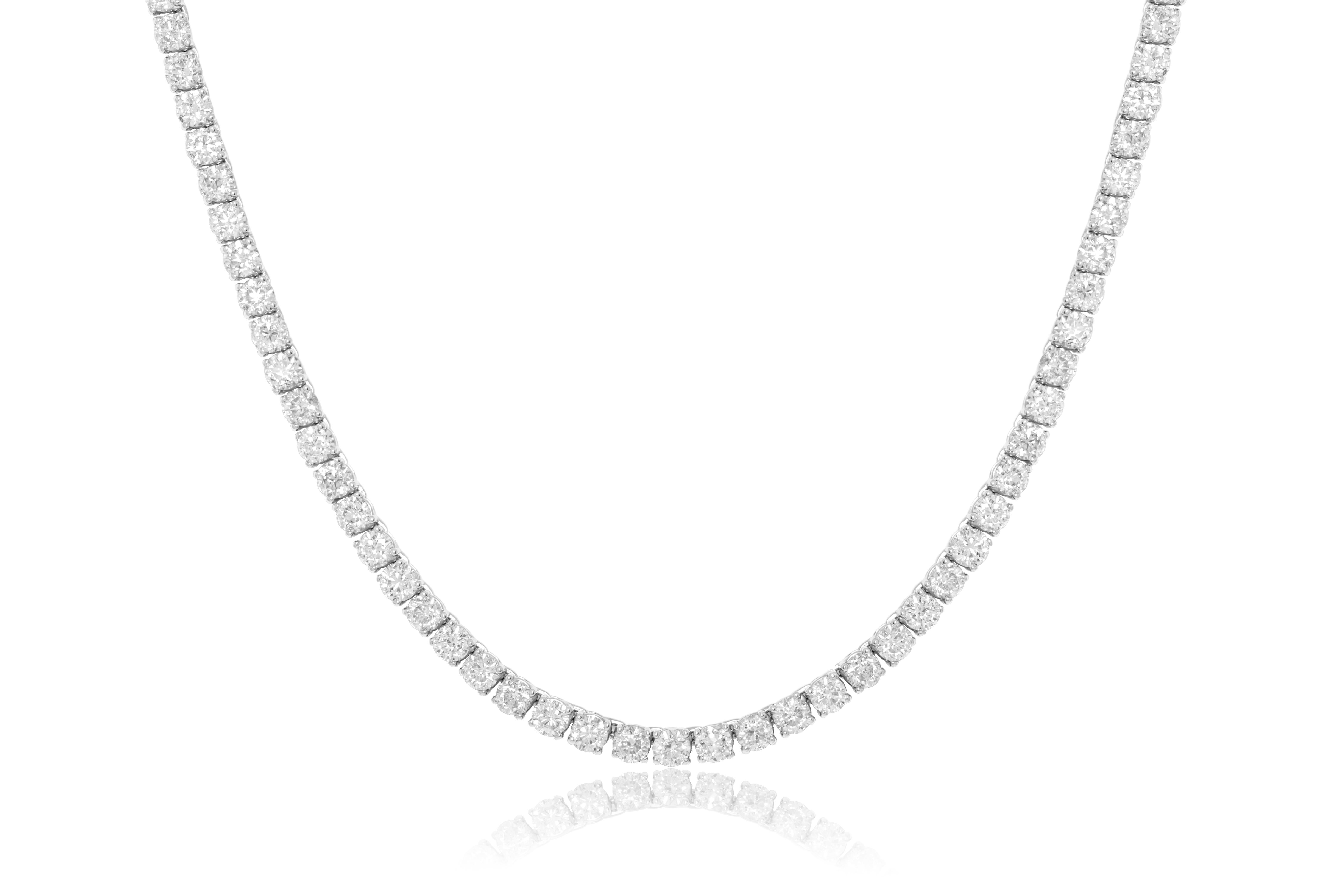 Modern Diana M.Custom 28.50 Cts 4 Prong Round  Diamond 14k White Gold Tennis Necklace  For Sale