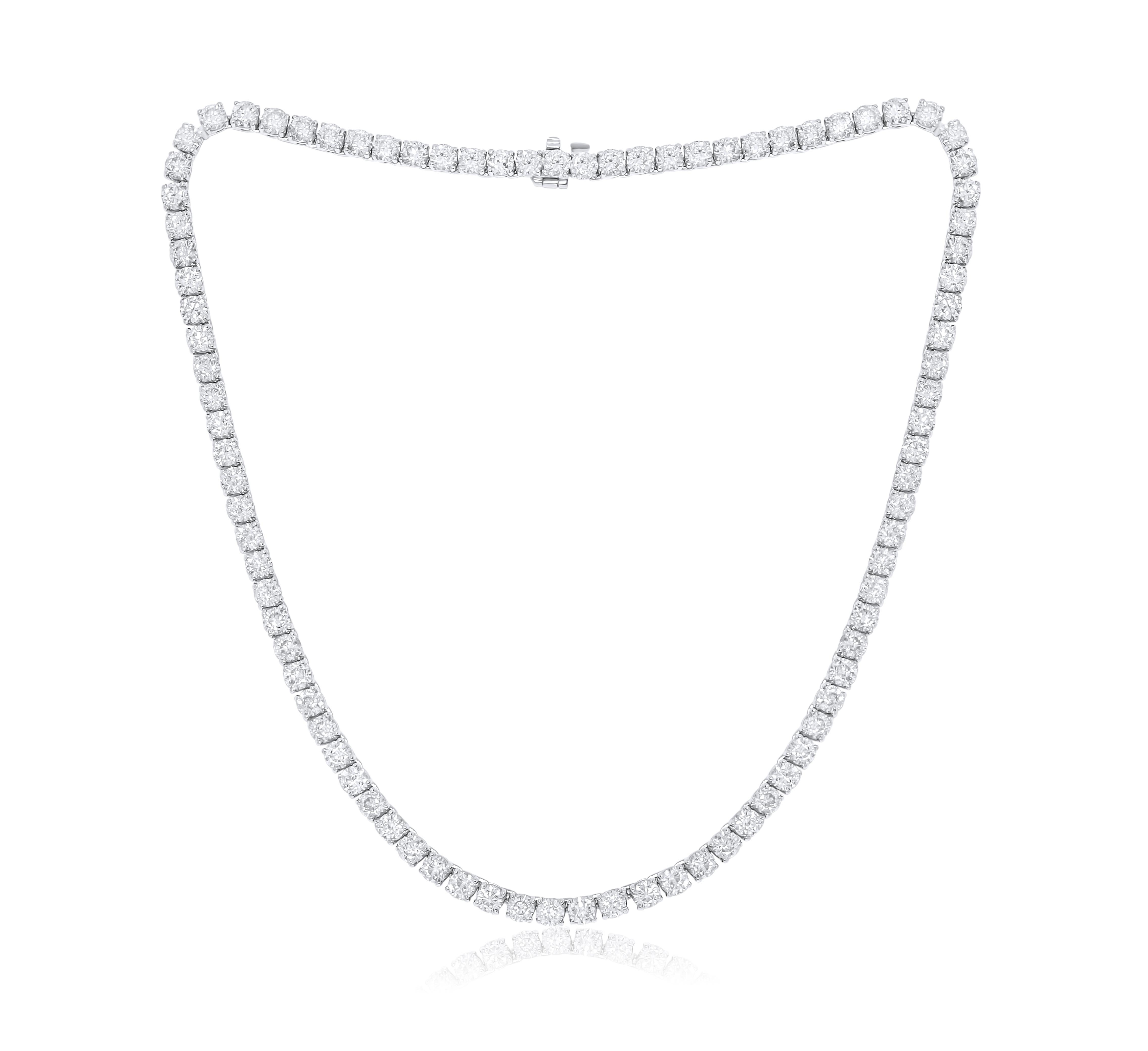 Round Cut Diana M.Custom 28.50 Cts 4 Prong Round  Diamond 14k White Gold Tennis Necklace  For Sale