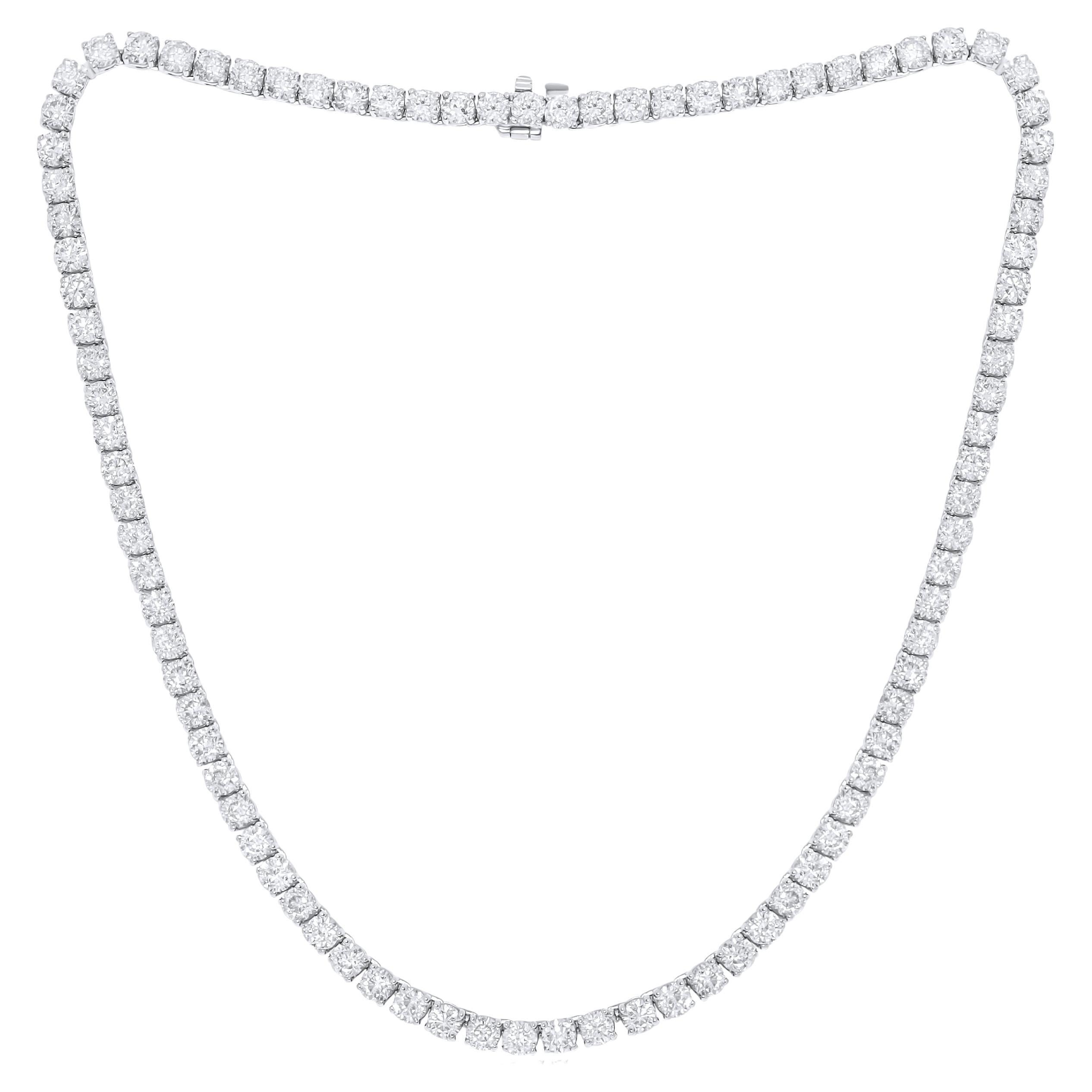 Diana M.Custom 28.50 Cts 4 Prong Round  Diamond 14k White Gold Tennis Necklace 