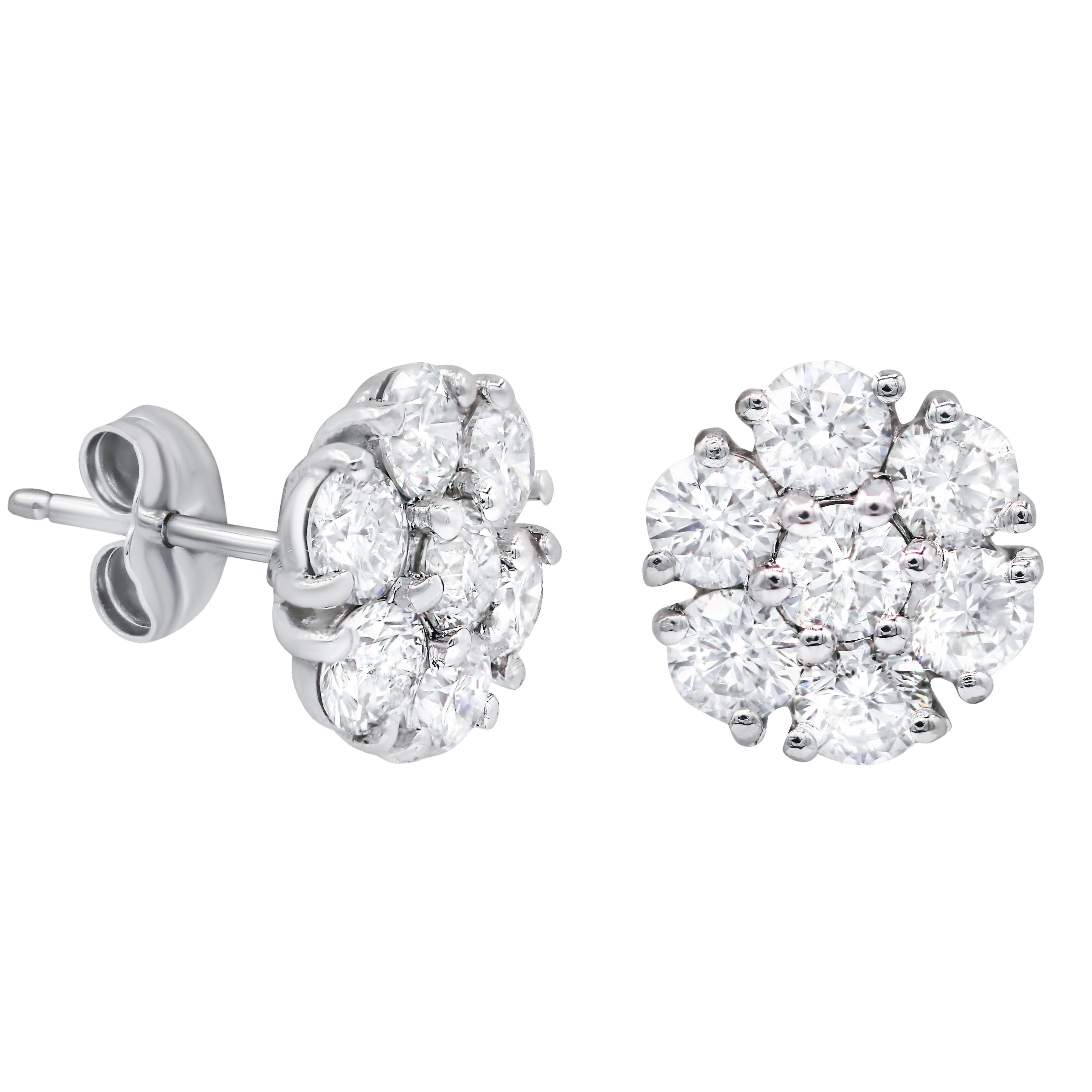 Brilliant Cut Diana M. 14 kt white gold diamond cluster stud earring adorned with 2.55 cts tw  For Sale