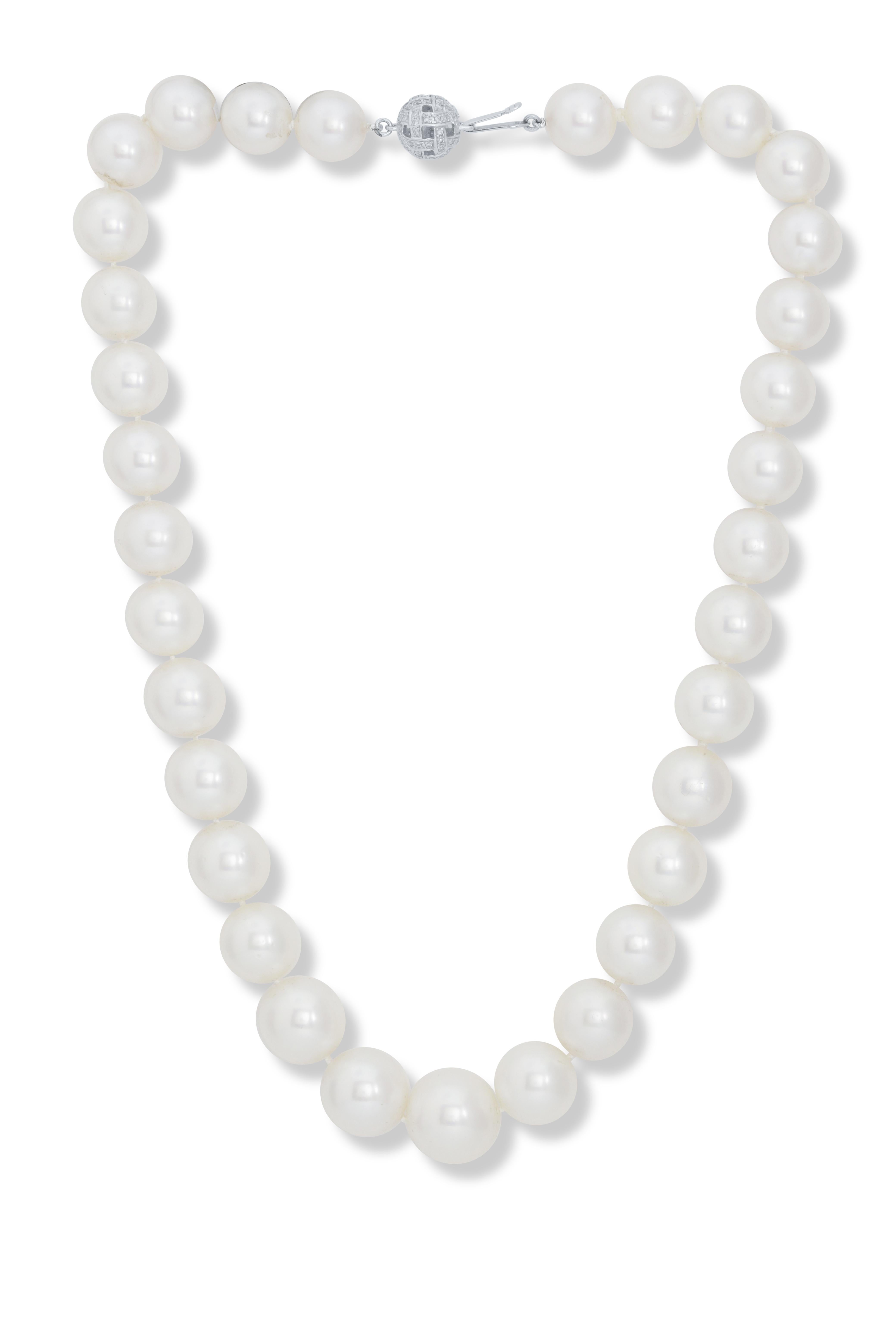 18kt white gold pearl necklace adorned with 11-15 mm tahitian south sea white pearls fine pinkish/white  and a clip containing 0.40 cts tw micropave round diamonds
Diana M. is a leading supplier of top-quality fine jewelry for over 35 years.
Diana M
