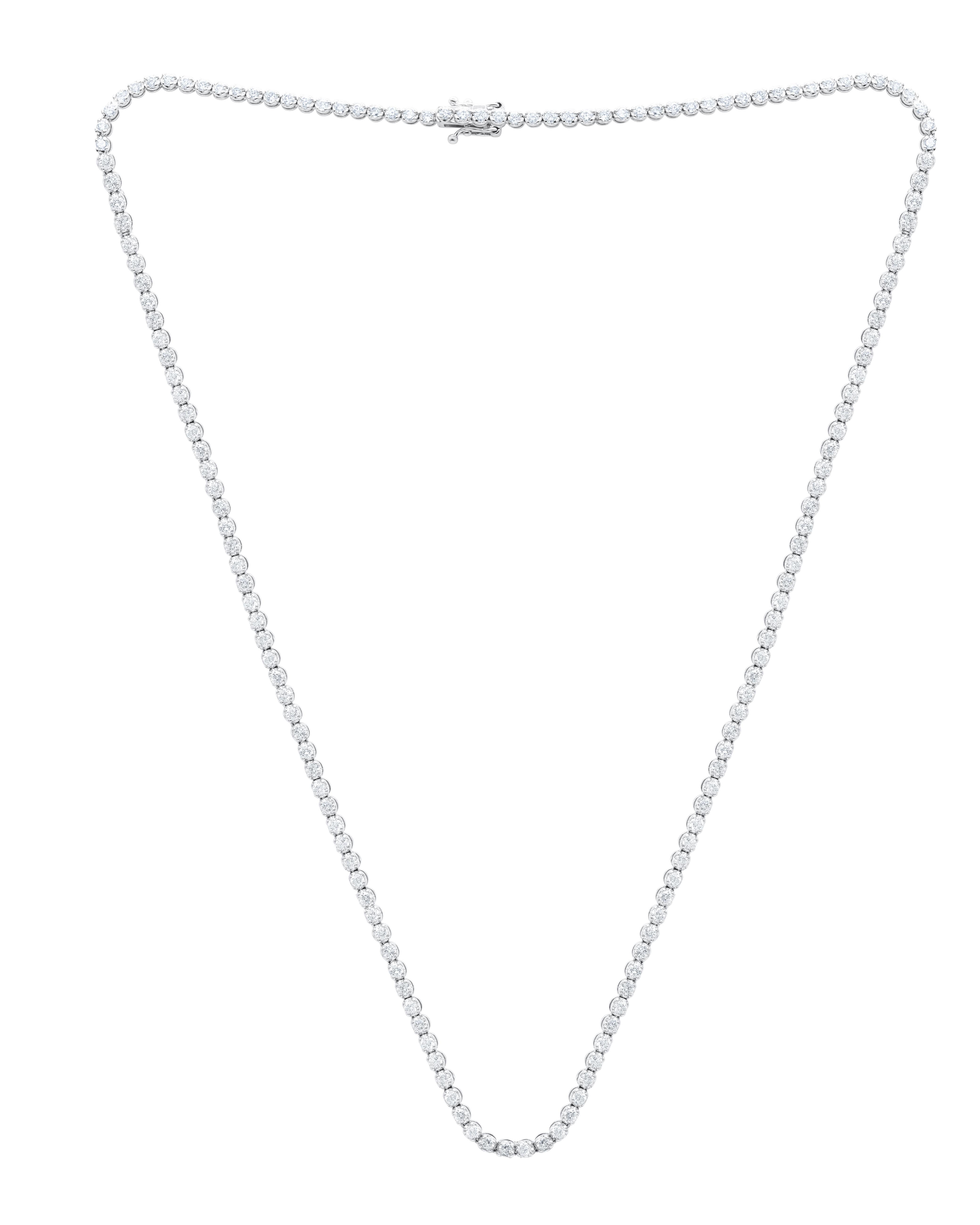 14kt white gold buttercup setting straight line tennis necklace featuring 4.07 cts of round diamonds 