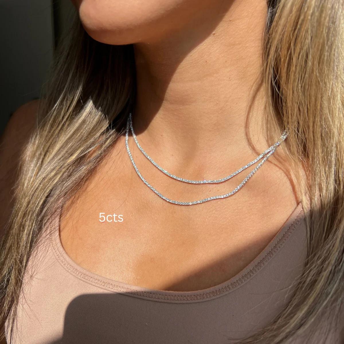 Women's or Men's Diana M 14K White Gold 5Ct Diamond Tennis Necklace In 4 Prong Set For Sale