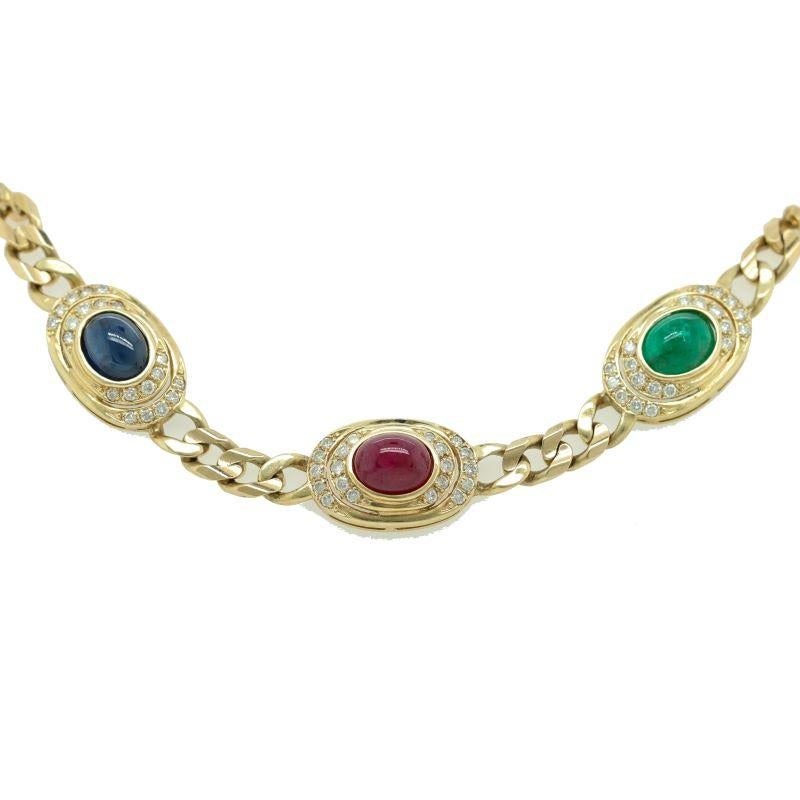 Collana in oro giallo 14kt con rubino, smeraldo e zaffiro da 9,00 carati e 1,50 carati di diamanti