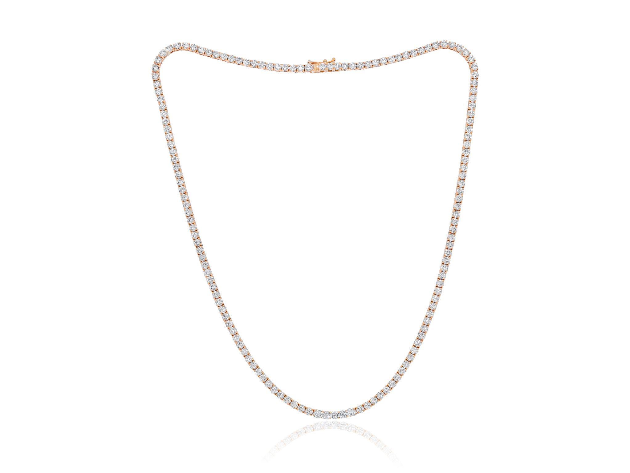 Custom 14kt rose gold graduated tennis necklace 10.20 cts of round diamonds FG color SI clarity. Excellent cut.