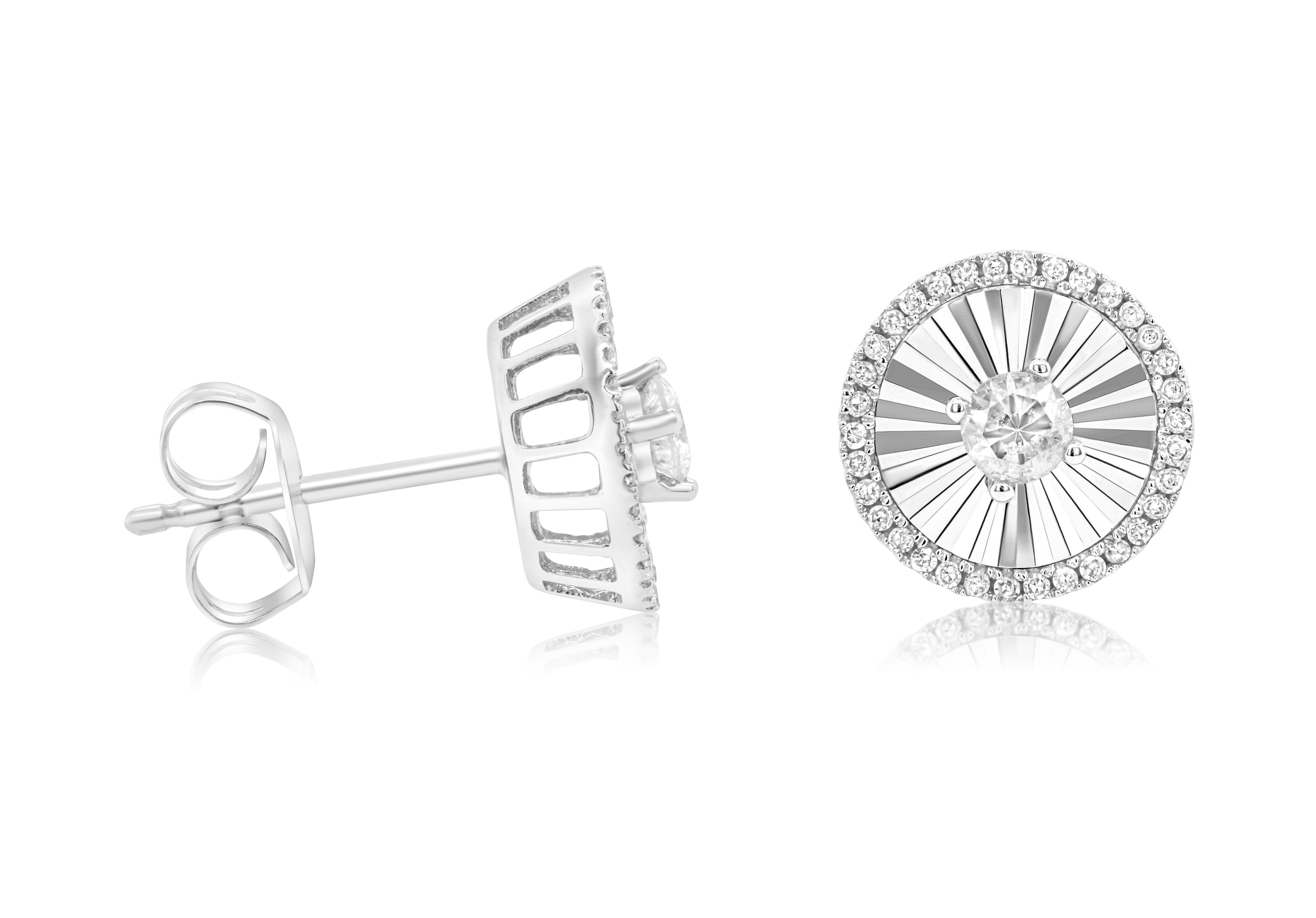 Round Cut Diana M. 14kt white gold diamond sunburst round stud earrings containing 0.40cts For Sale