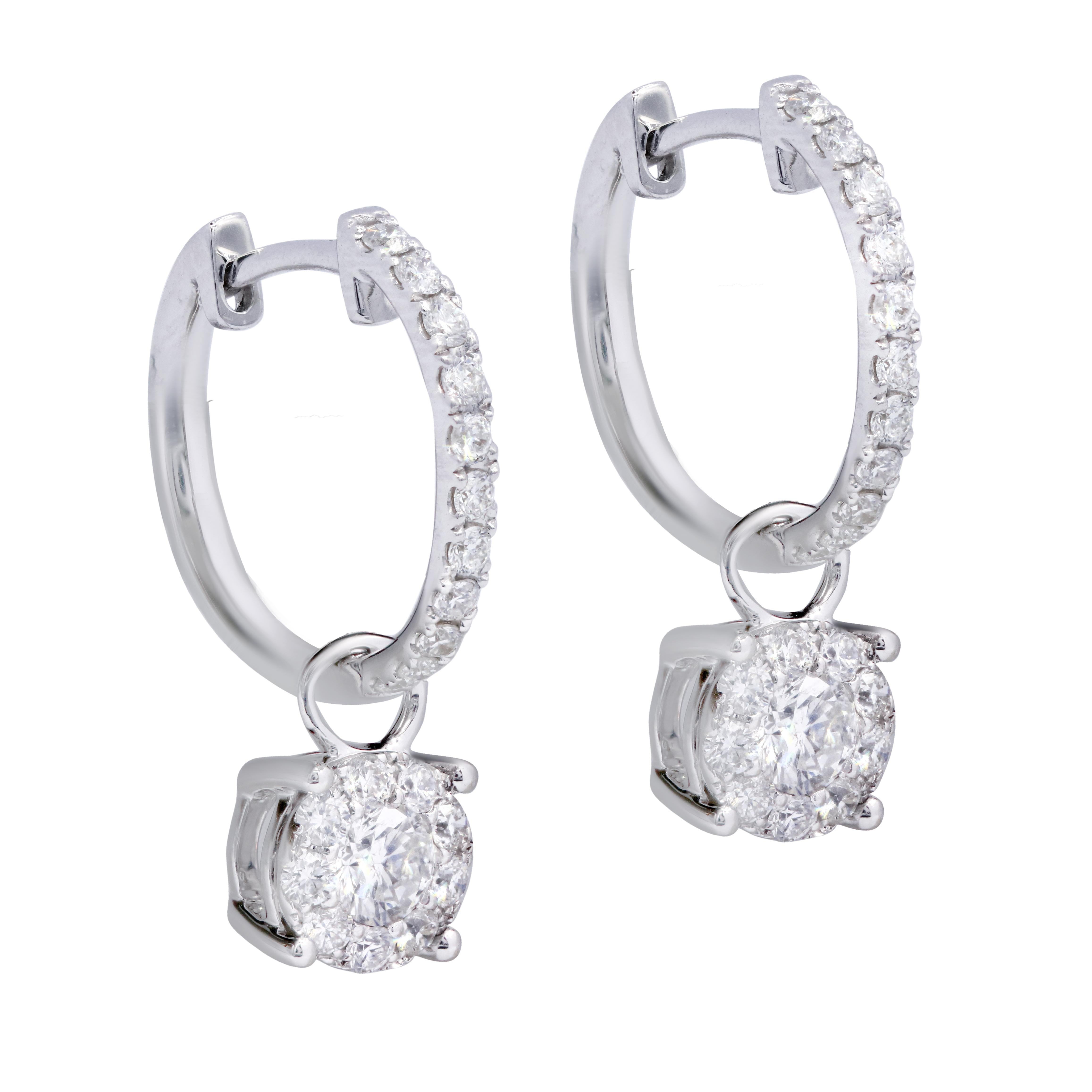 Modern Diana M. 14kt white gold drop earrings featuring 1.00 cts tw of round diamonds  For Sale