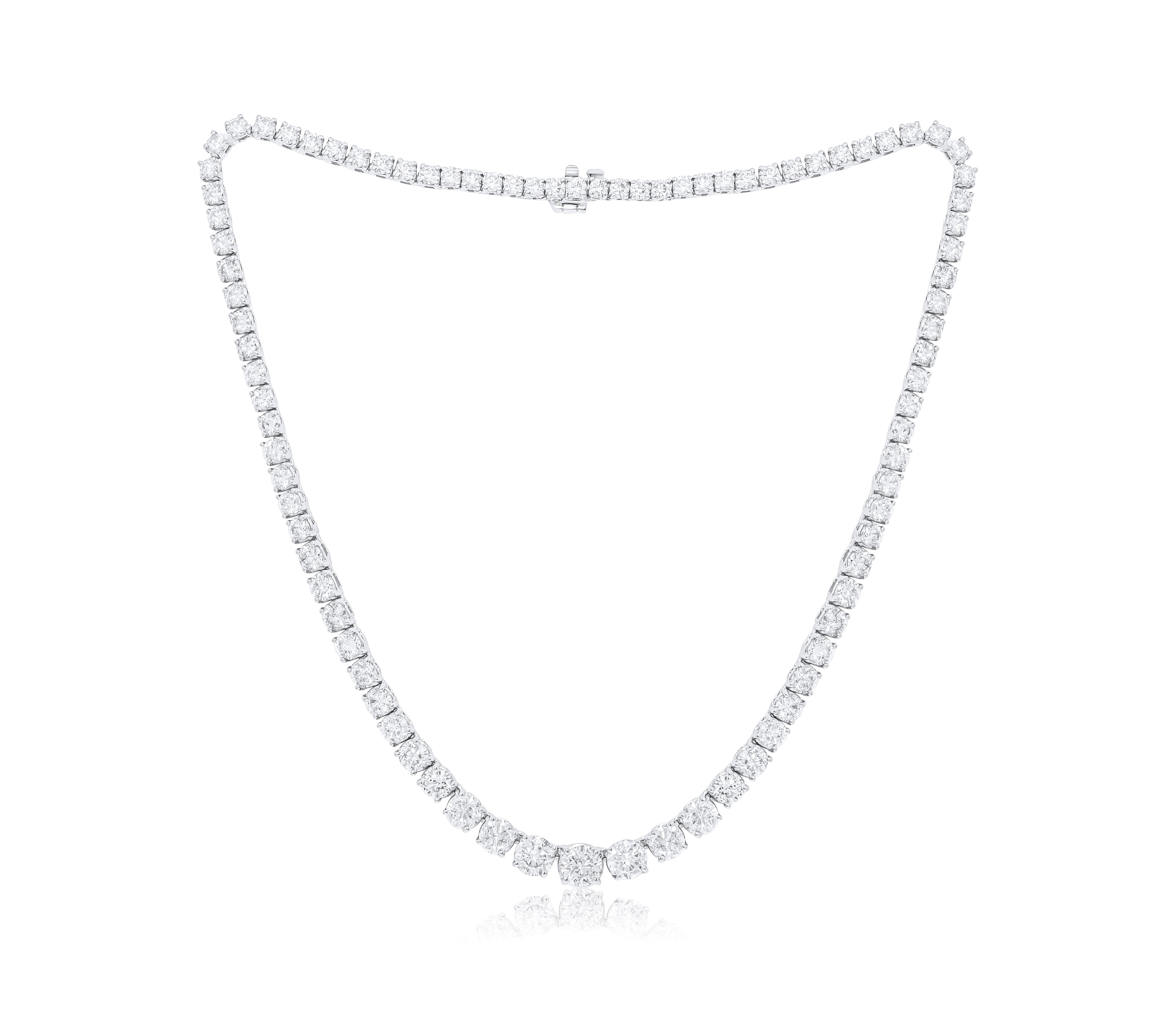 Round Cut Diana M. Custom 17.70cts Round 4 prong Diamond 14k White Gold Tennis Necklace  For Sale
