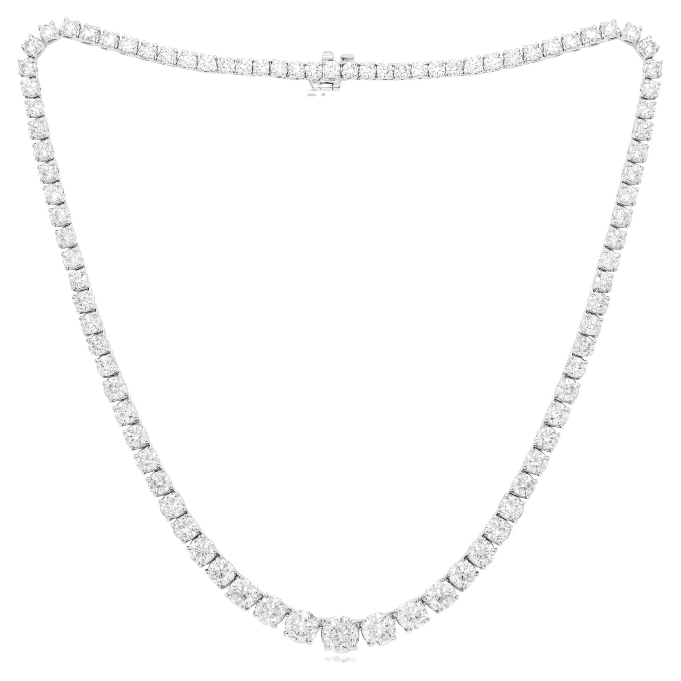 Diana M. Custom 17.70cts Round 4 prong Diamond 14k White Gold Tennis Necklace  For Sale