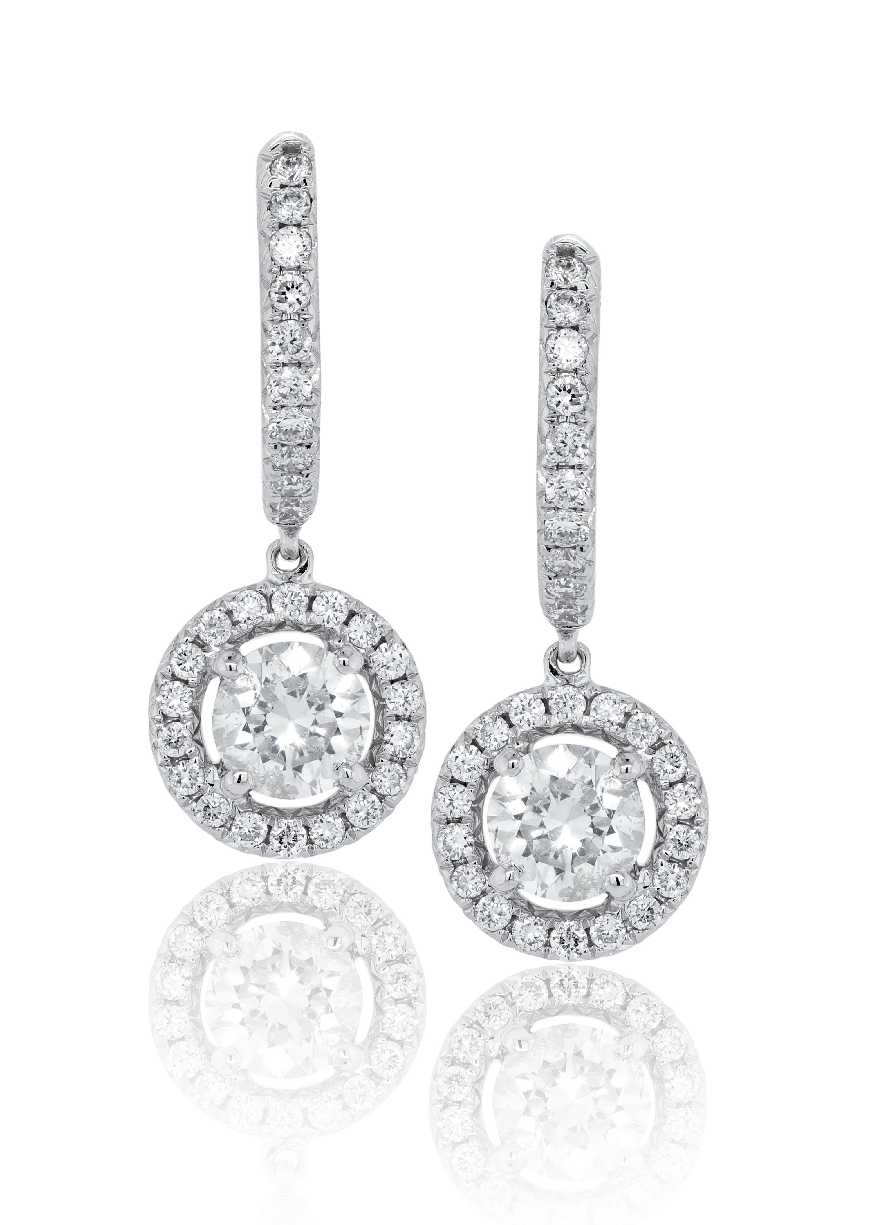 Modern Diana M. 14kt white gold hanging earrings featuring 1.20 cts tw of round diamond For Sale