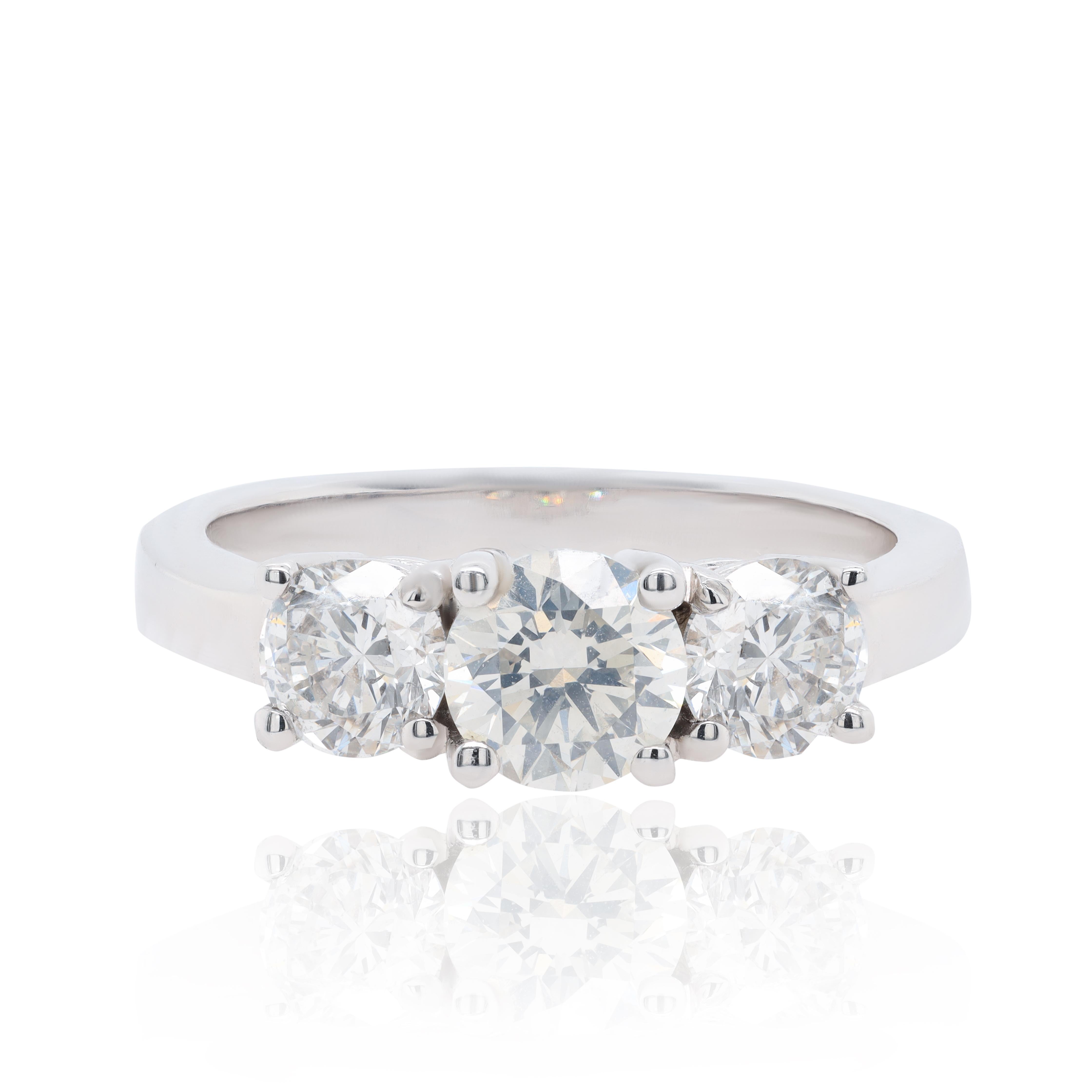 Modern Diana M 1.50Ct Round Three Stone Diamond Engagement Ring in 18k White Gold For Sale