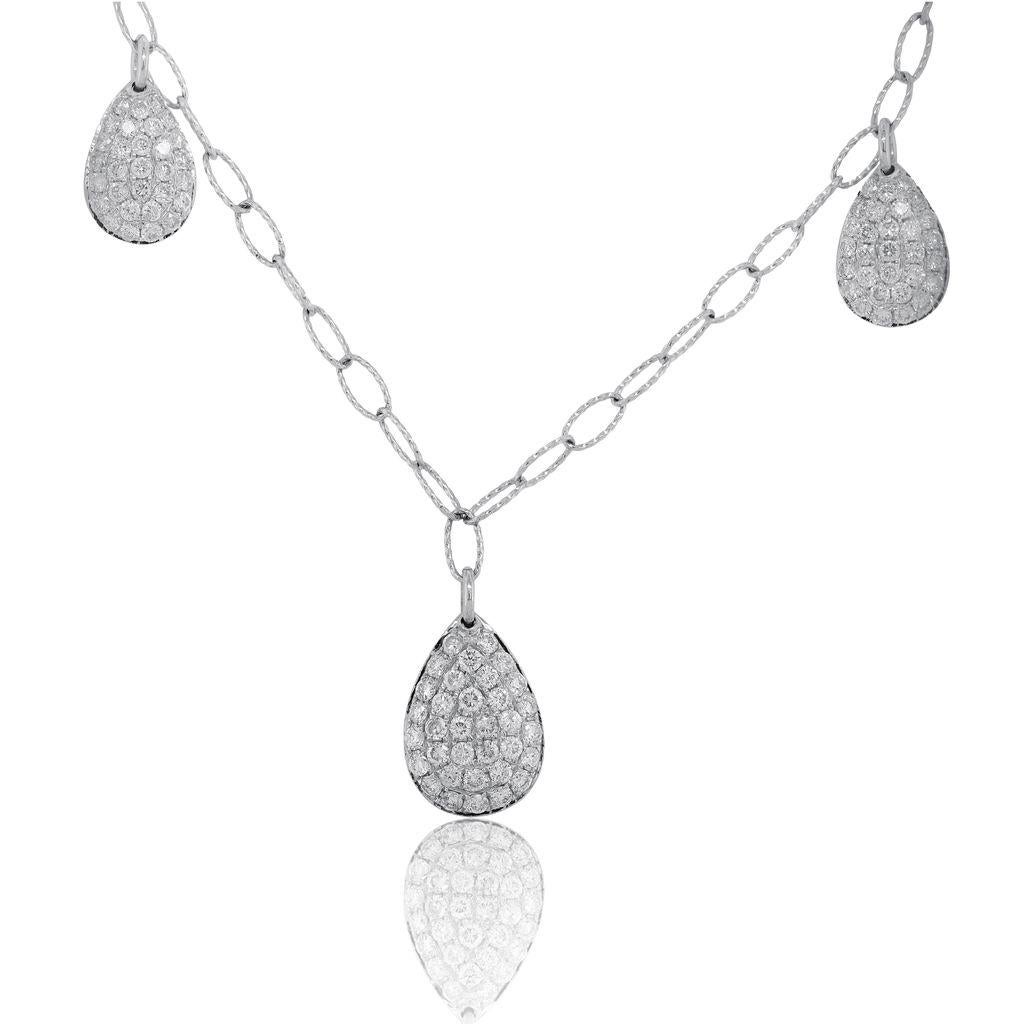 18kt white gold chain necklace featuring 1.60 cts of 5 hanging pave pear diamonds (F-G,SI)