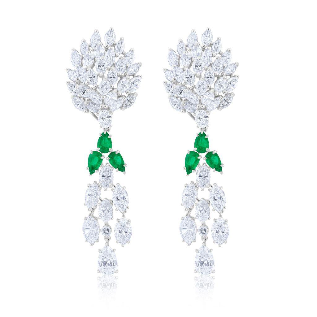 18kt white gold art deco earrings containing approximately 17.50 cts of multi-shape diamonds and emeralds 